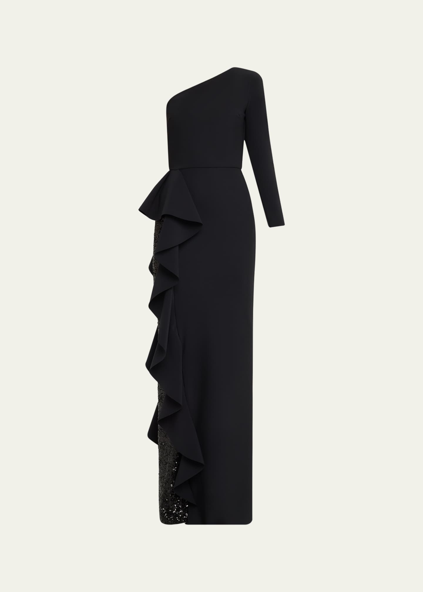 Chiara Boni La Petite Robe One-Shoulder Sequin Skirt Ruffle Gown Image 1 of 5