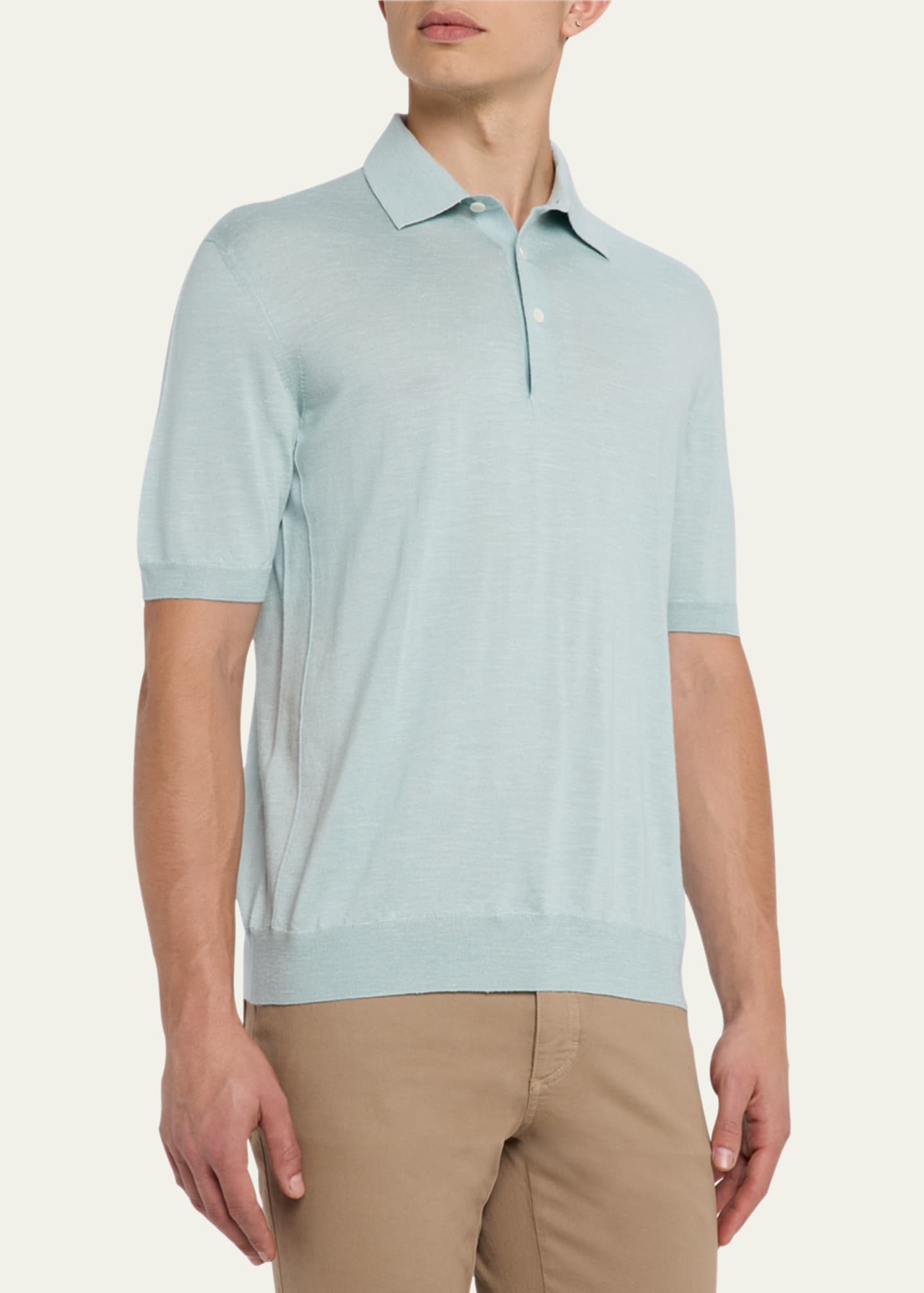 ZEGNA Men's Silk, Cashmere, and Linen Short-Sleeve Polo Sweater Image 4 of 5