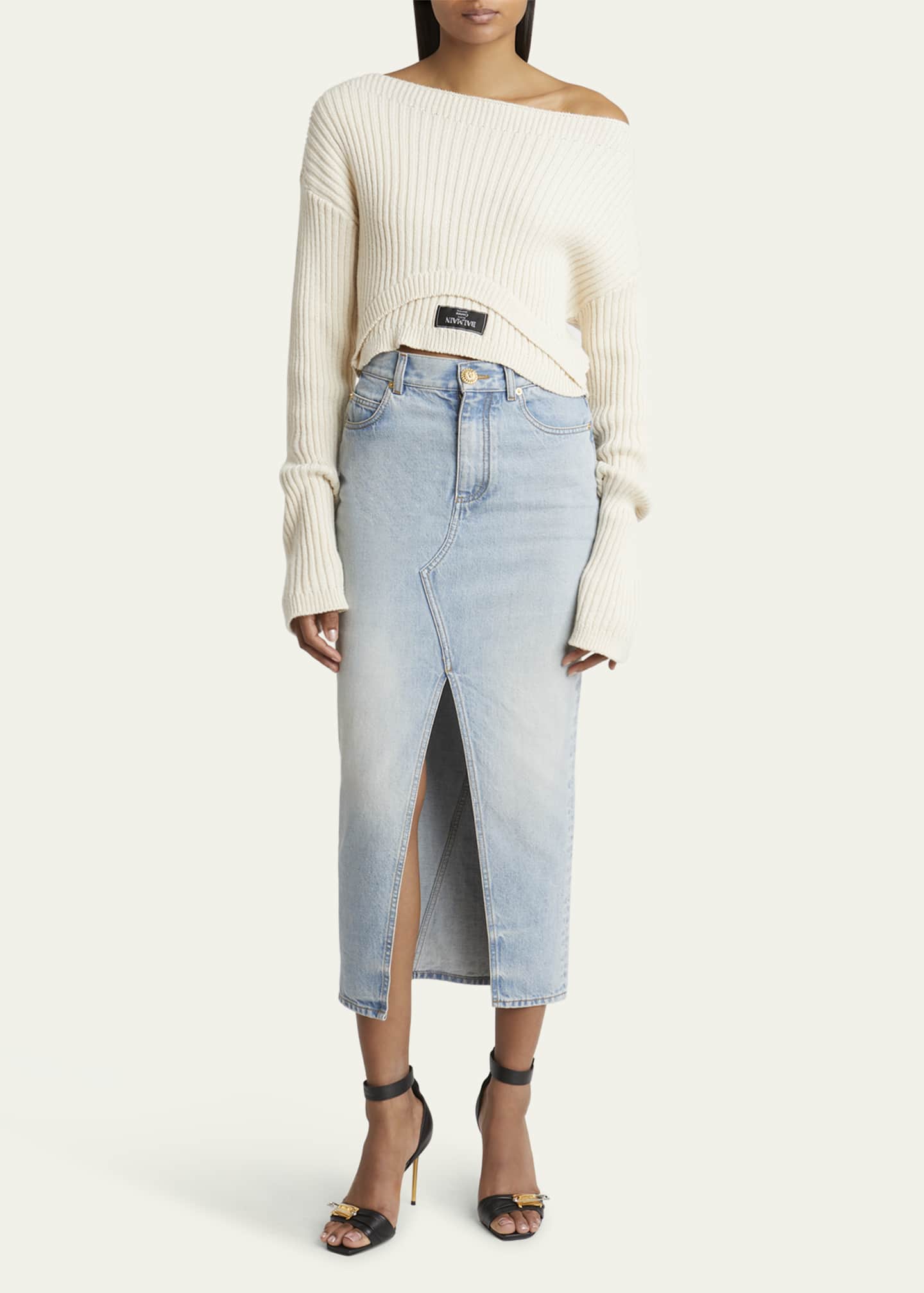Balmain Pencil Denim Midi Skirt with Slit Image 2 of 5