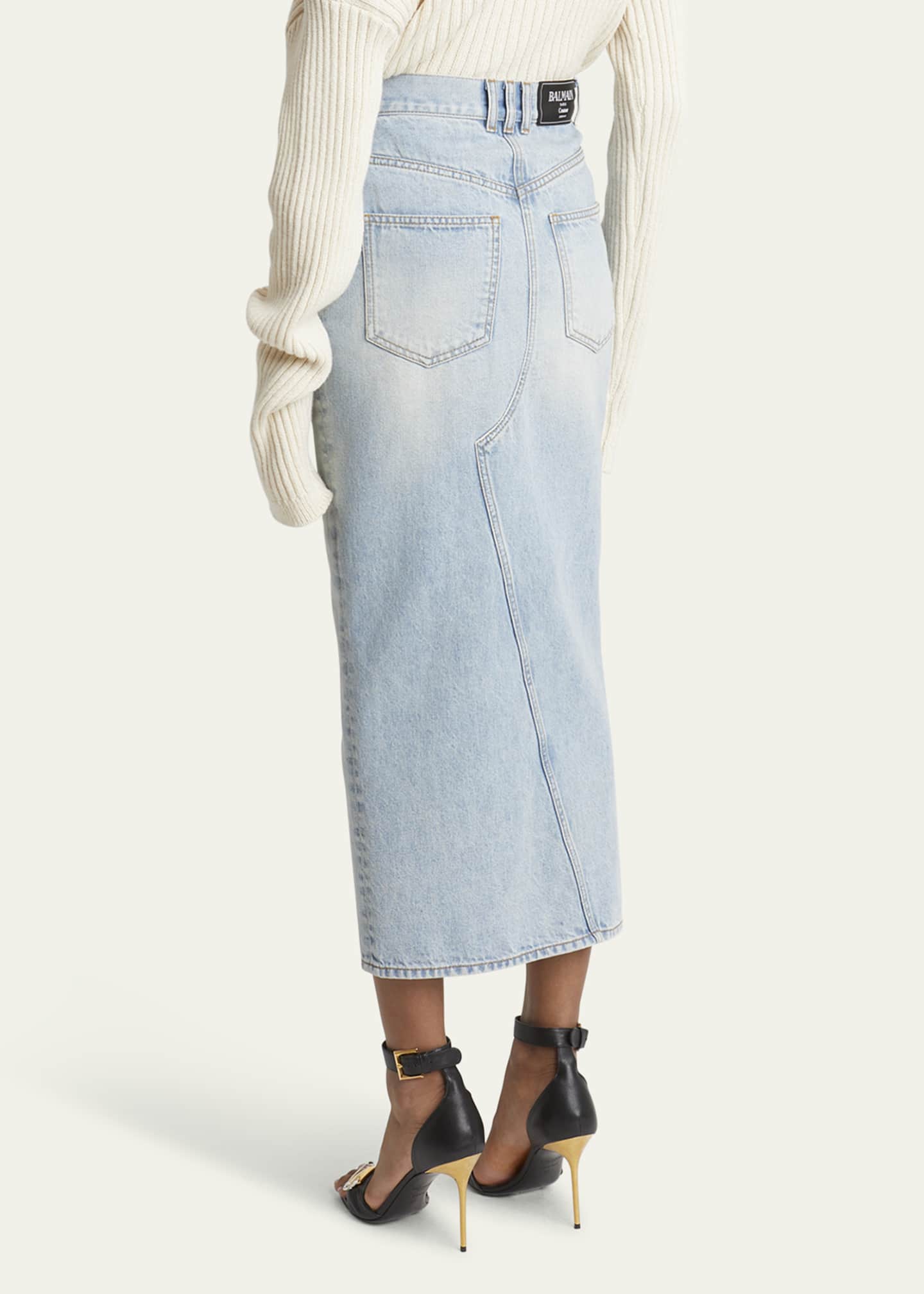 Balmain Pencil Denim Midi Skirt with Slit Image 3 of 5
