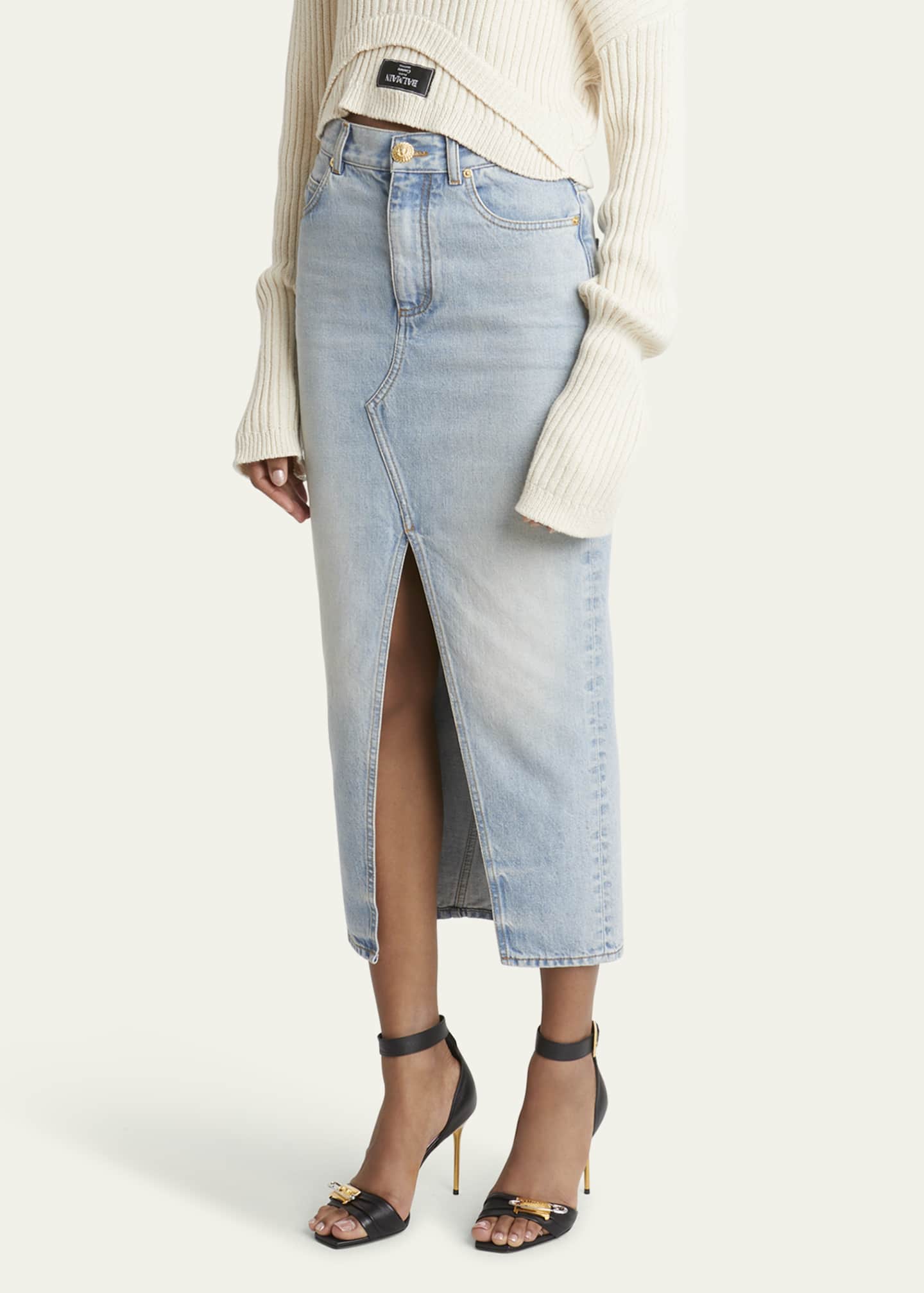 Balmain Pencil Denim Midi Skirt with Slit Image 4 of 5