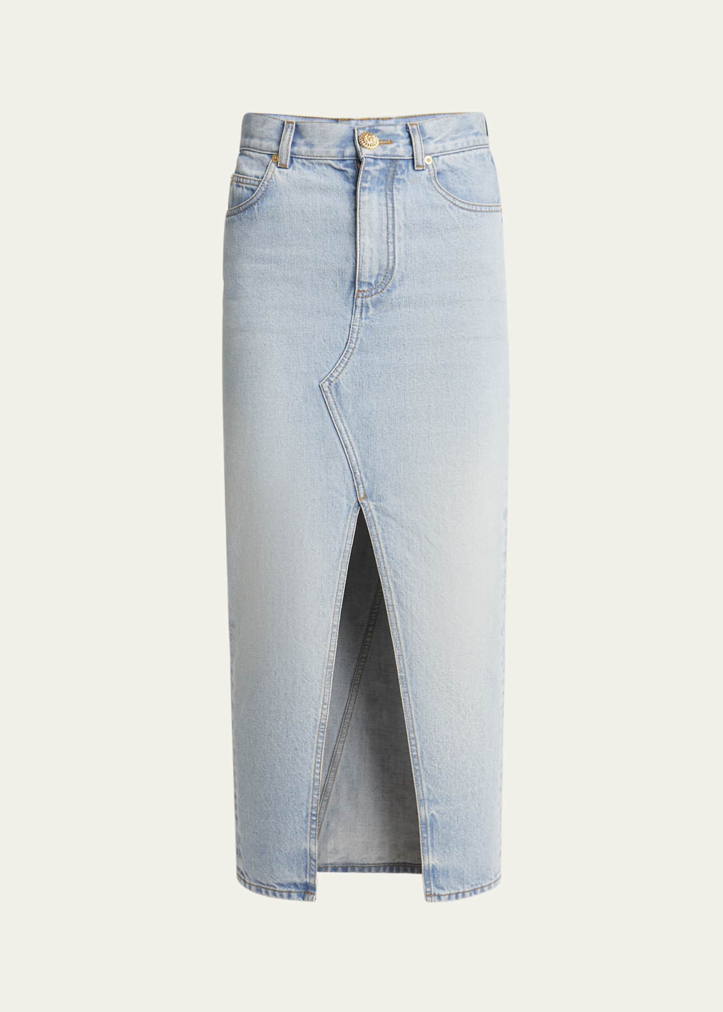 Balmain Pencil Denim Midi Skirt with Slit Image 1 of 5
