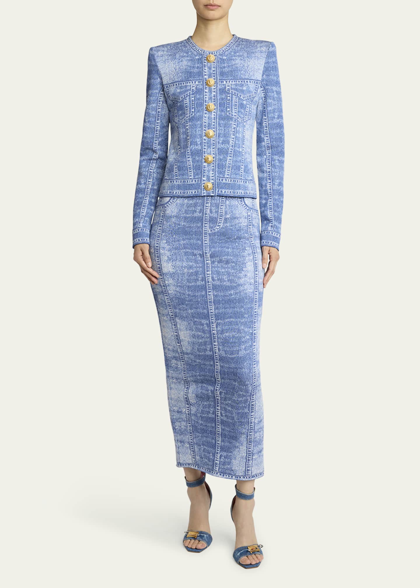 Balmain Denim Trompe Loeil Knit Pencil Skirt Image 2 of 5