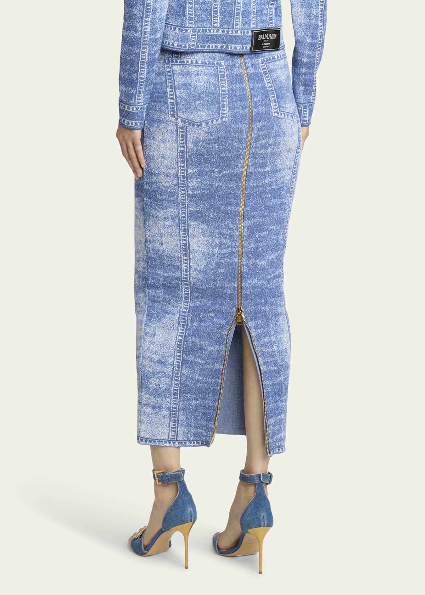 Balmain Denim Trompe Loeil Knit Pencil Skirt Image 3 of 5