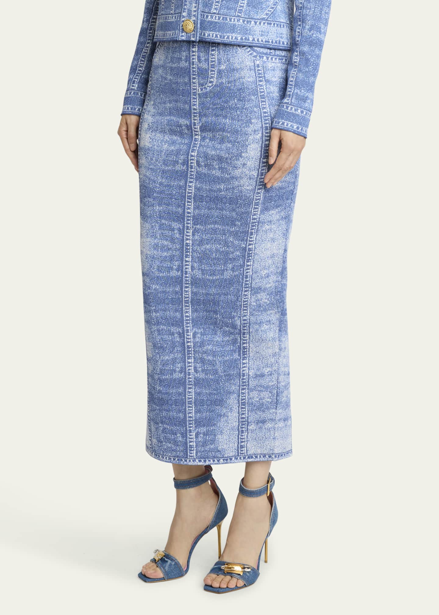 Balmain Denim Trompe Loeil Knit Pencil Skirt Image 4 of 5