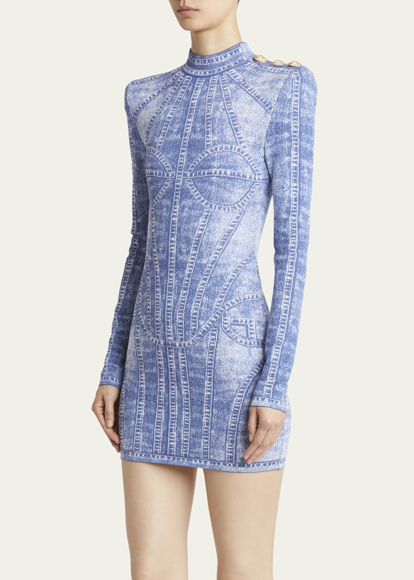 Balmain Denim Trompe Loeil Buttoned Shoulder Mini Dress Image 4 of 5