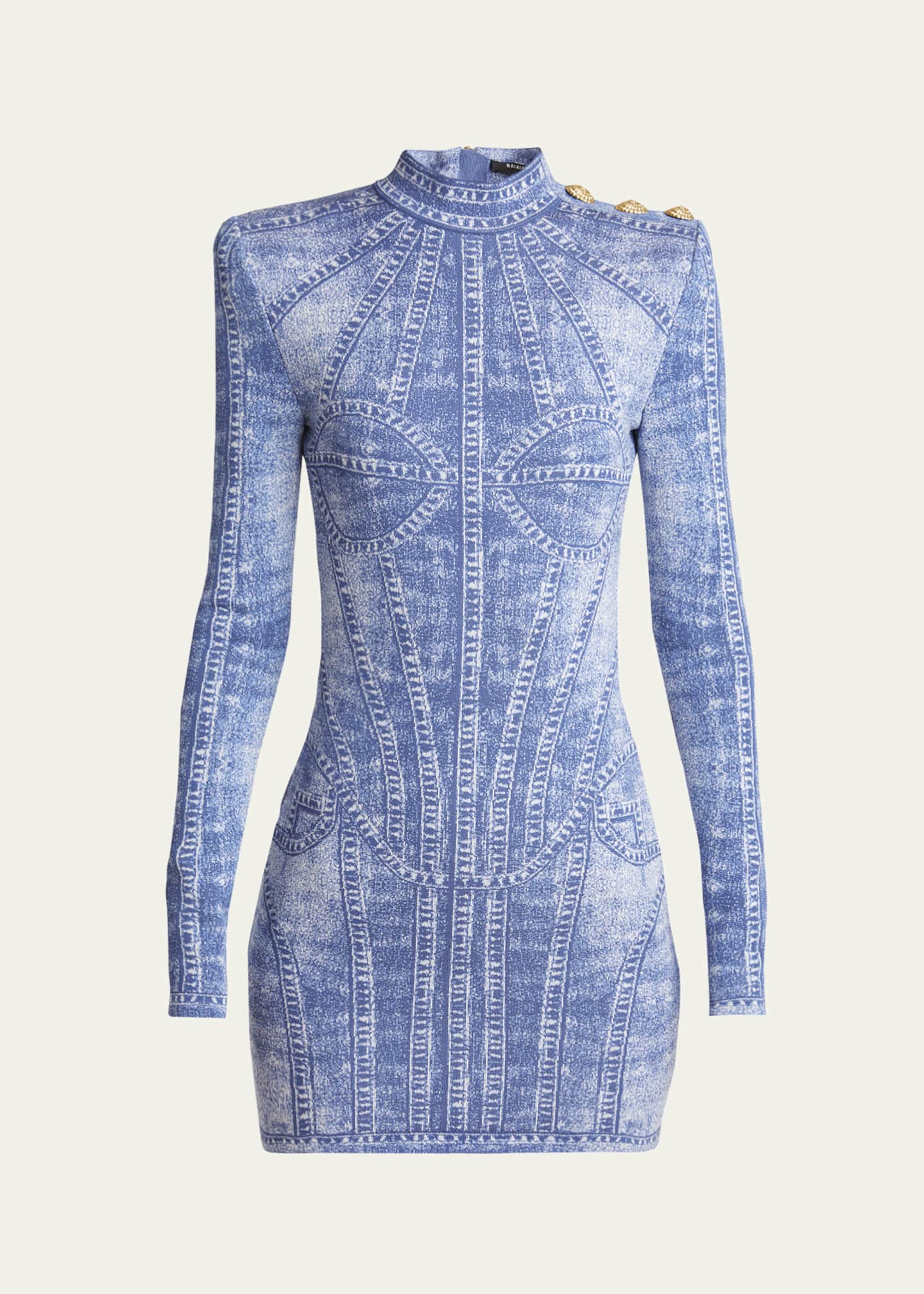Balmain Denim Trompe Loeil Buttoned Shoulder Mini Dress Image 1 of 5