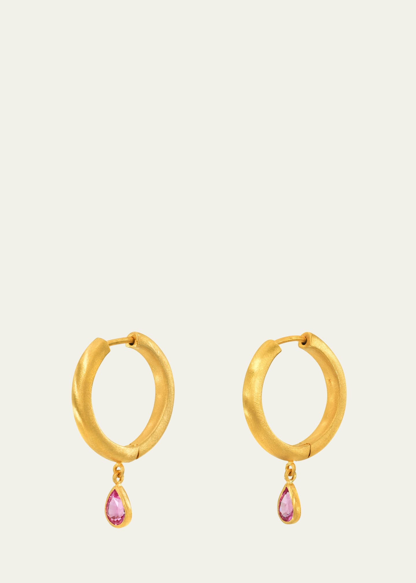 DARIUS 18K Yellow Gold Pear Pink Sapphire Drop Hoop Earrings Image 2 of 2