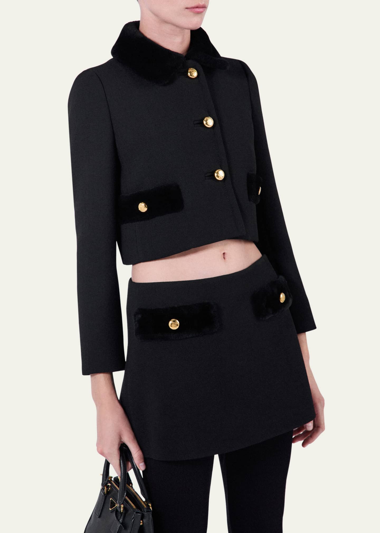 Prada Natte Shearling-Trim Cropped Jacket Image 4 of 4