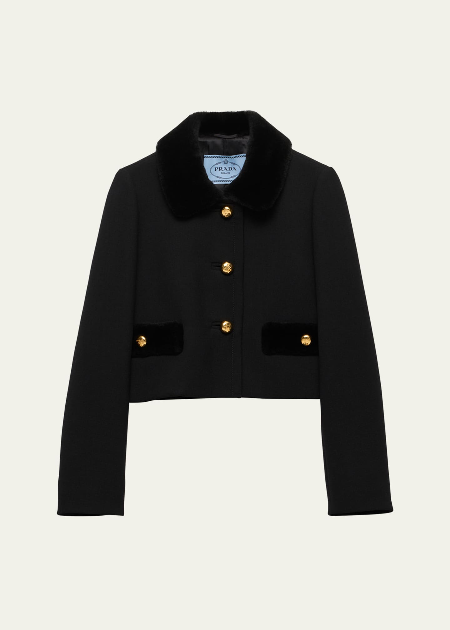 Prada Natte Shearling-Trim Cropped Jacket Image 1 of 4