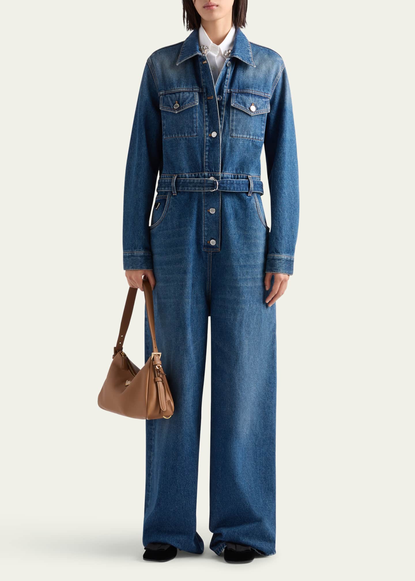 Prada Denim Belted Wide Leg Jumpsuit - Bergdorf Goodman