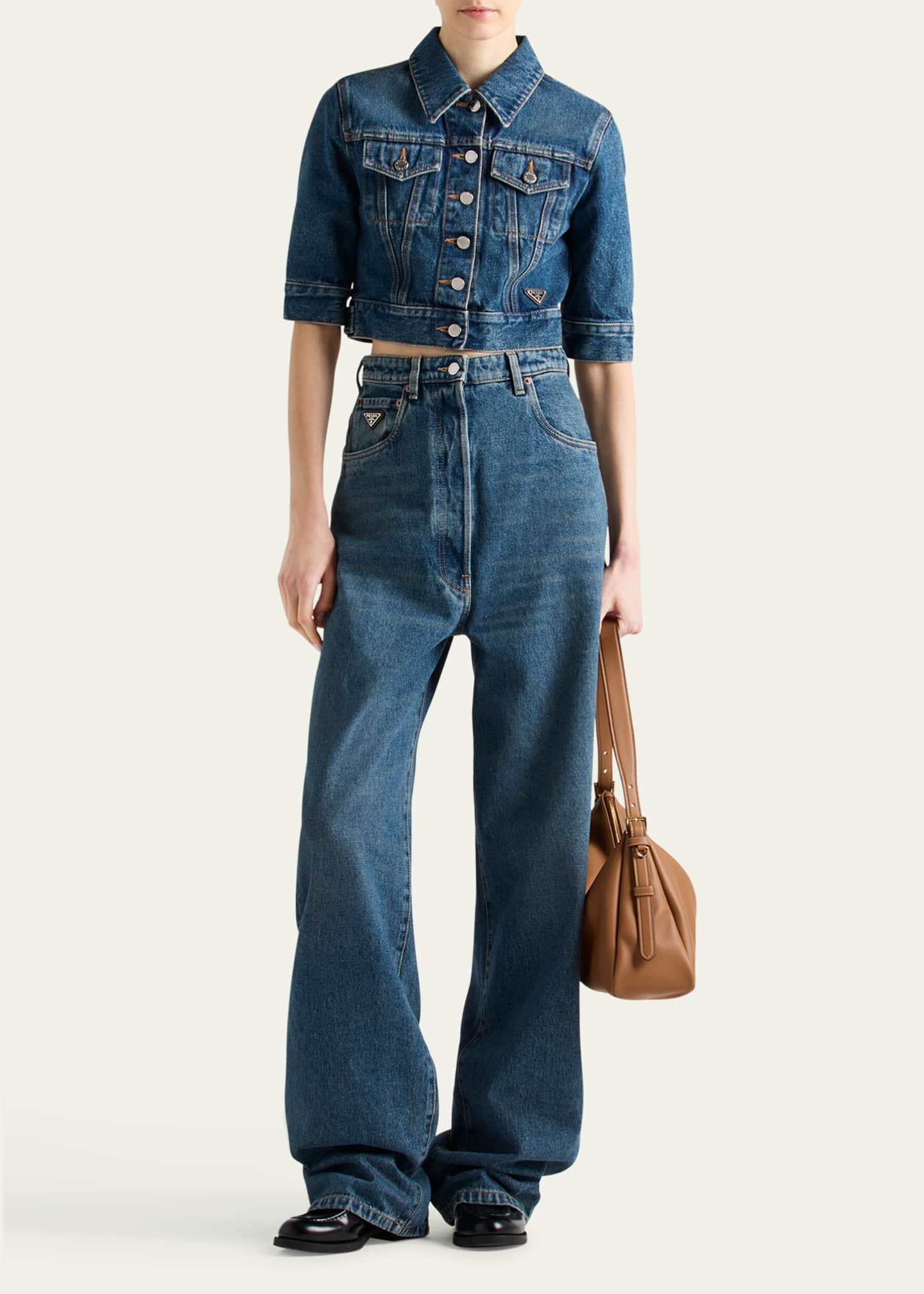 Prada Denim Short-Sleeve Cropped Jacket Image 2 of 3