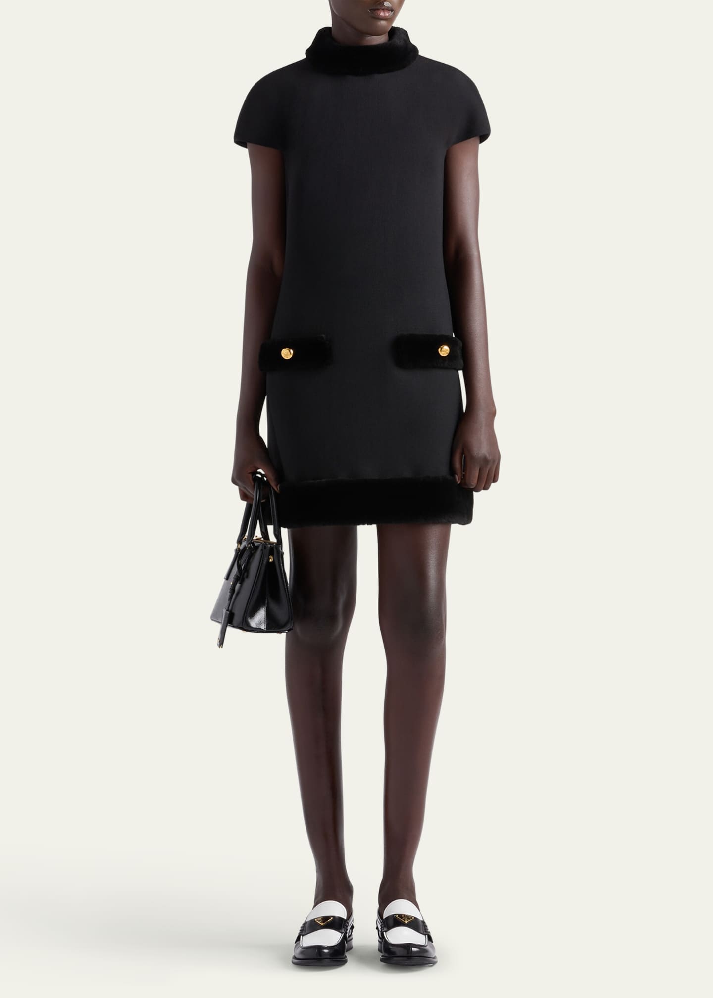 Prada Natte Short Sleeve Shearling-Trim Mini Dress Image 2 of 4