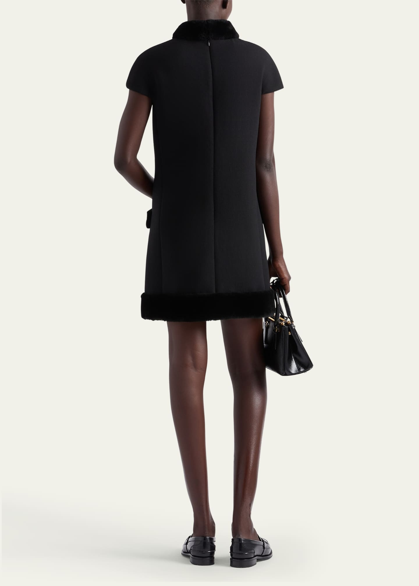 Prada Natte Short Sleeve Shearling-Trim Mini Dress Image 3 of 4