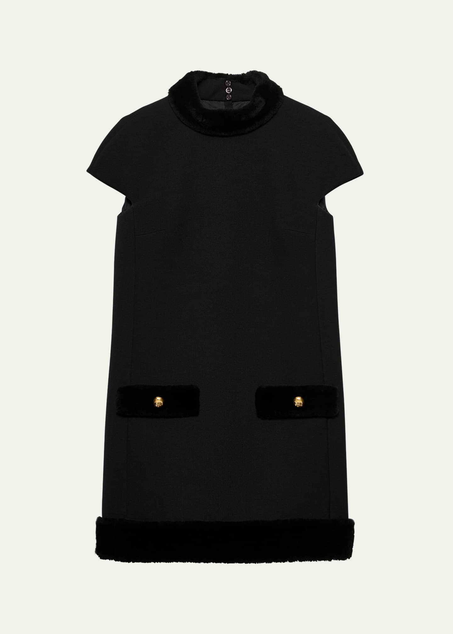 Prada Natte Short Sleeve Shearling-Trim Mini Dress Image 1 of 4