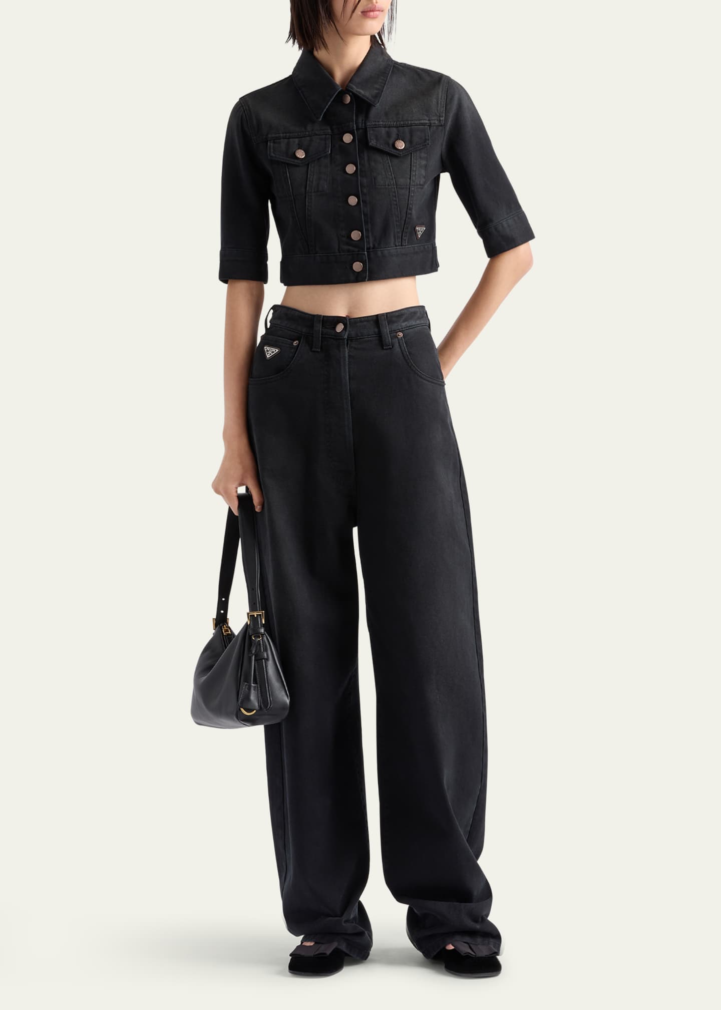 Prada Short-Sleeve Denim Cropped Jacket Image 2 of 3