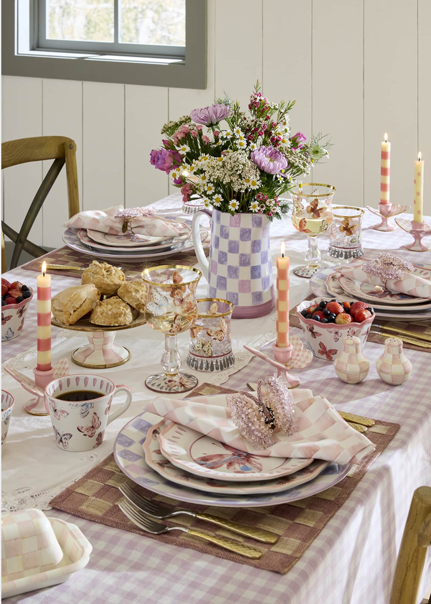 MacKenzie-Childs Rosy Check Butterfly Candle Holders, Set of 2