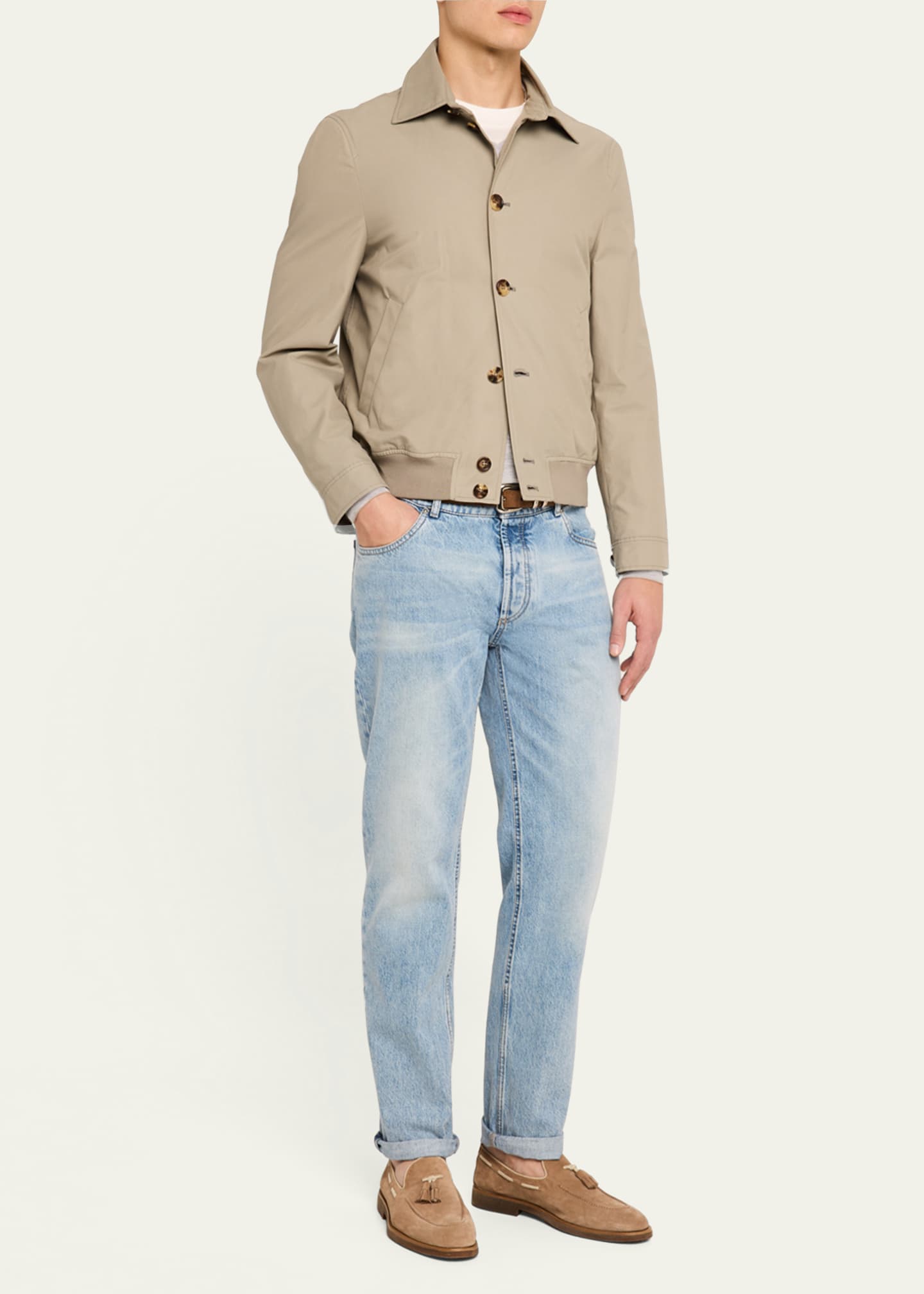 Brunello Cucinelli Men's Nylon Button-Front Bomber Jacket Image 2 of 5