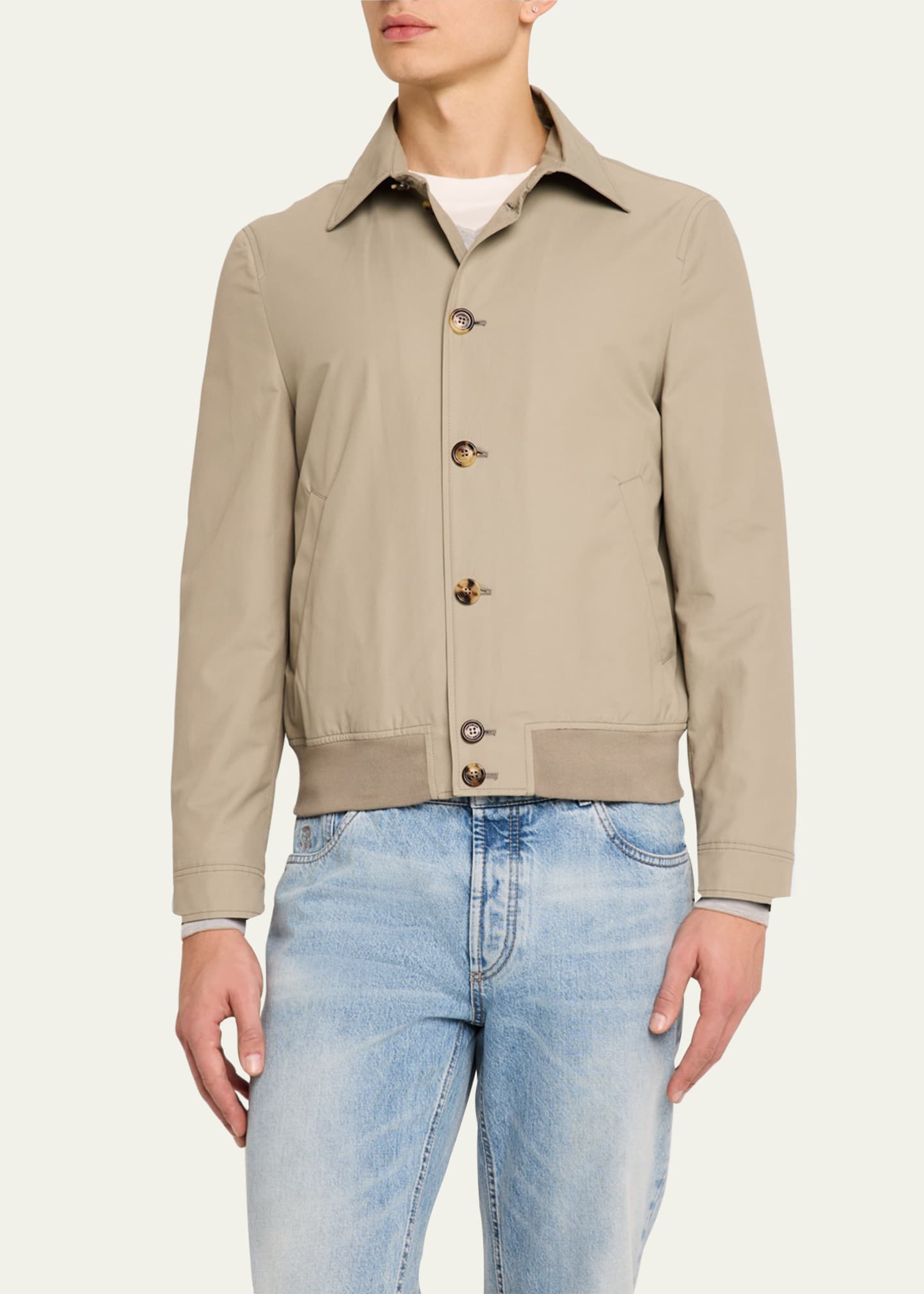 Brunello Cucinelli Men's Nylon Button-Front Bomber Jacket Image 4 of 5
