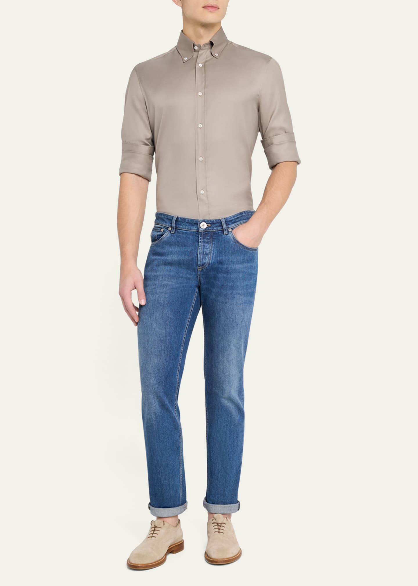 Brunello Cucinelli Men's Cotton Twill Casual Button-Down Shirt Image 2 of 5