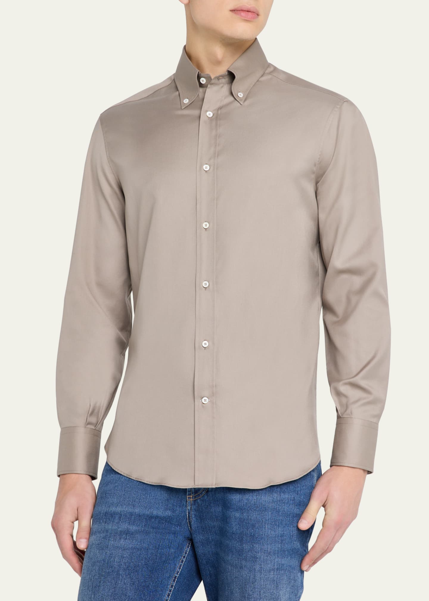 Brunello Cucinelli Men's Cotton Twill Casual Button-Down Shirt Image 4 of 5