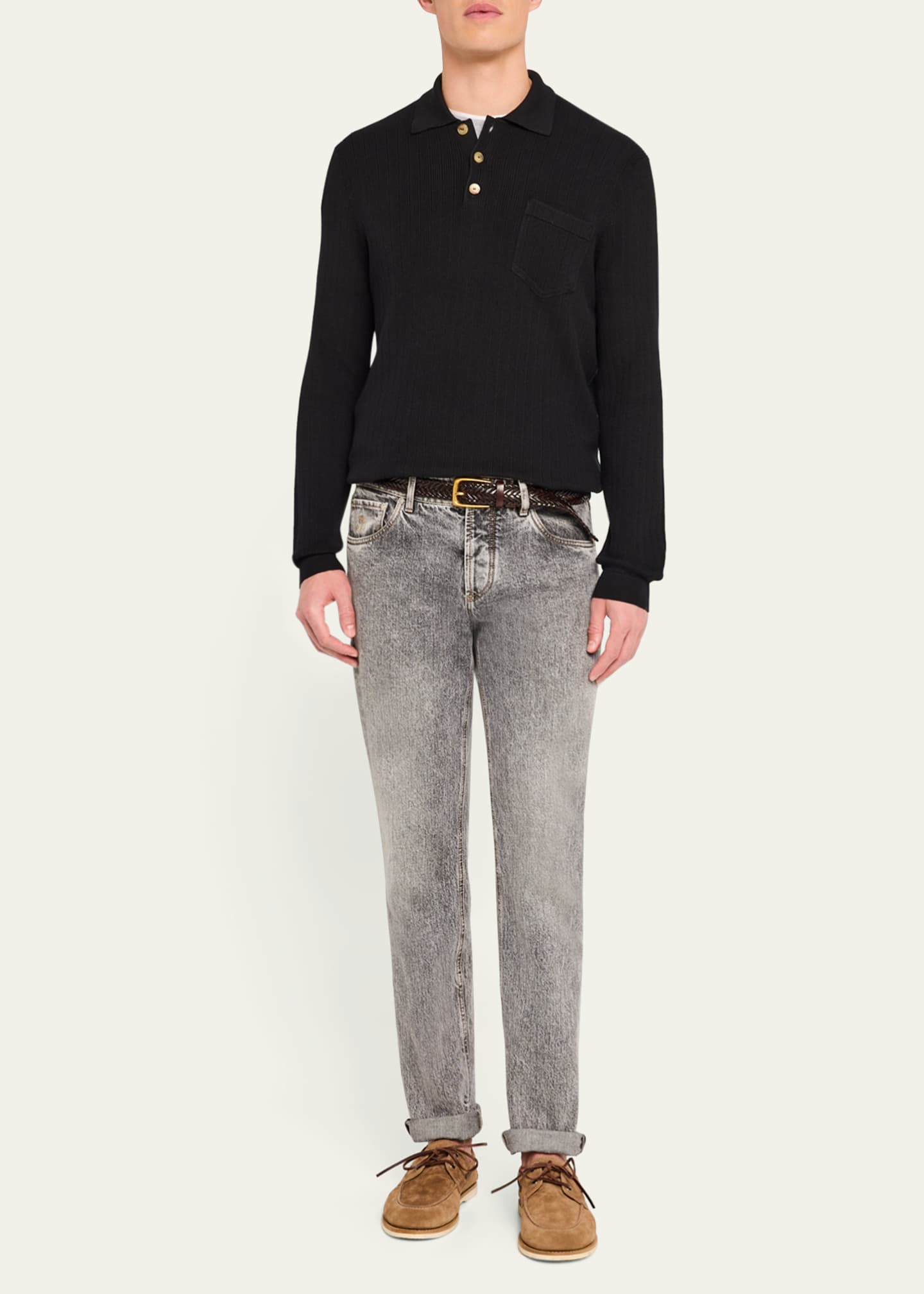 Brunello Cucinelli Men's Cotton Rib Knit Polo Sweater Image 2 of 5