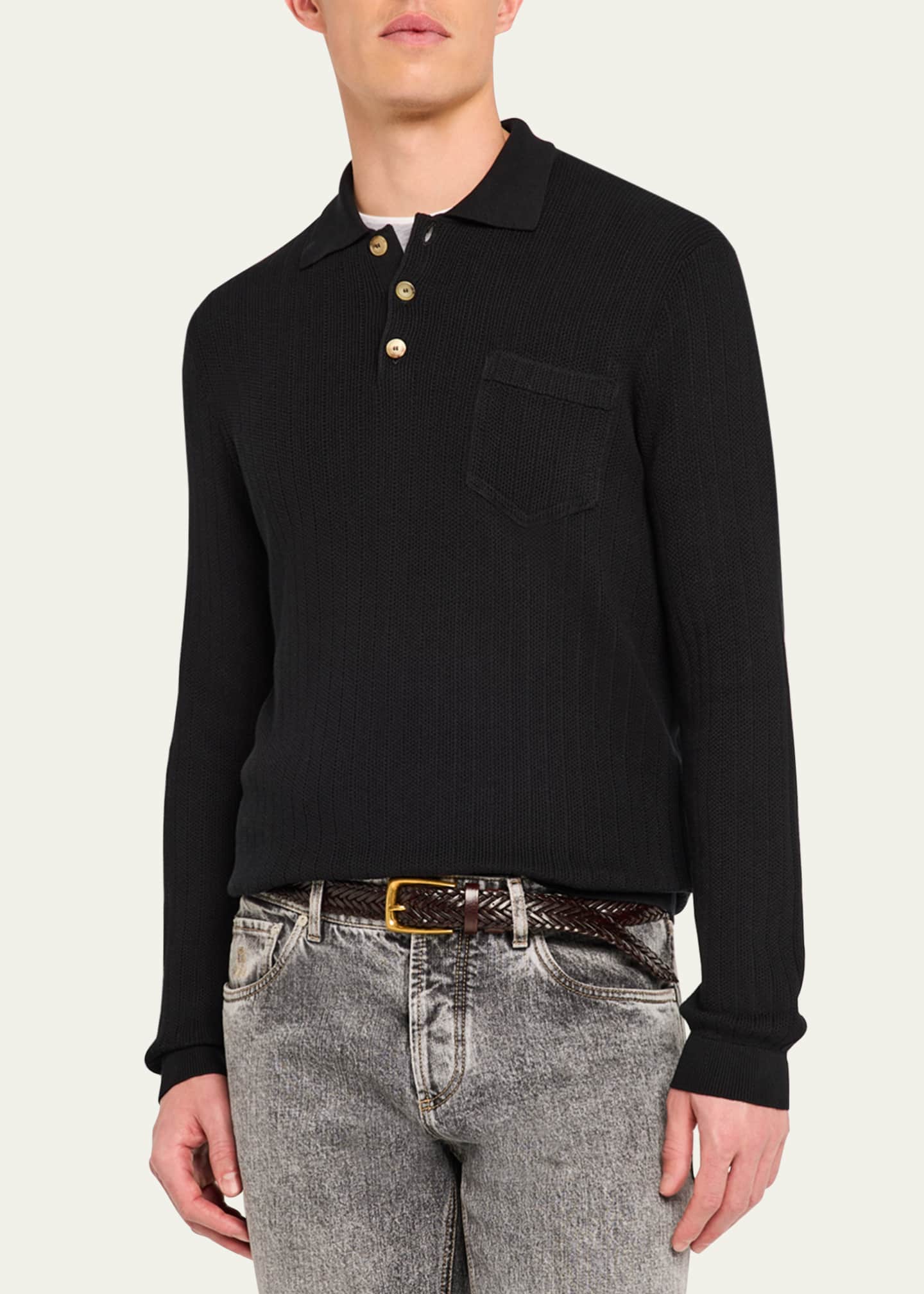 Brunello Cucinelli Men's Cotton Rib Knit Polo Sweater Image 4 of 5