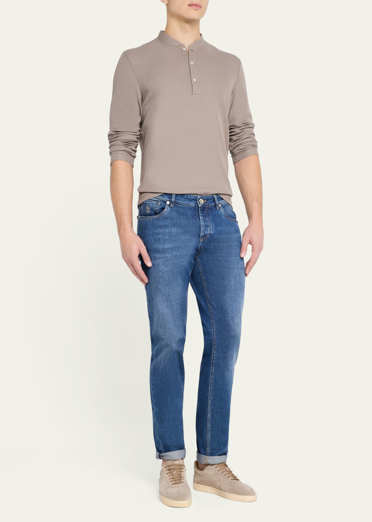 Brunello Cucinelli Men's Cotton and Silk Long-Sleeve Henley T-Shirt Image 2 of 5