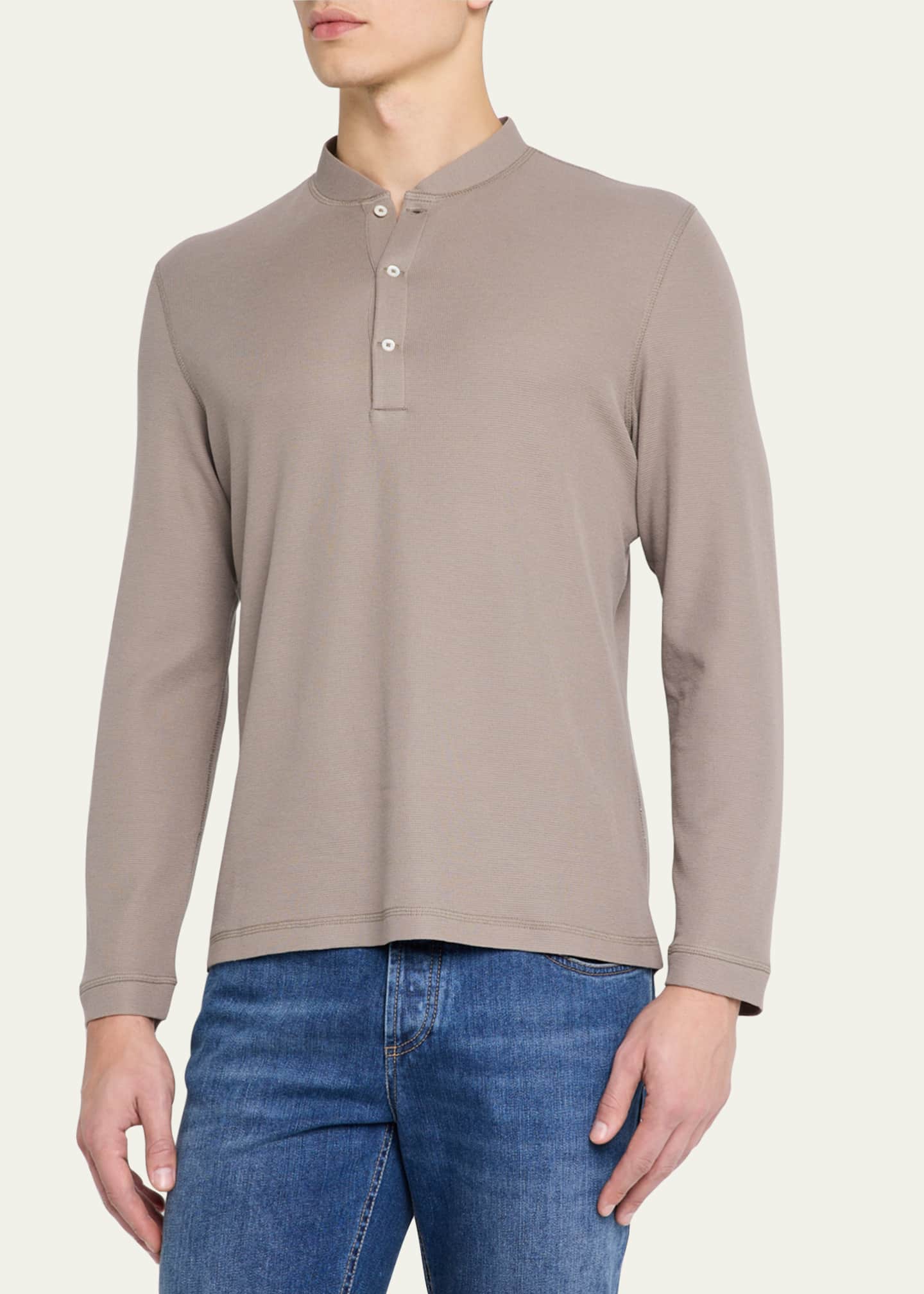 Brunello Cucinelli Men's Cotton and Silk Long-Sleeve Henley T-Shirt Image 4 of 5