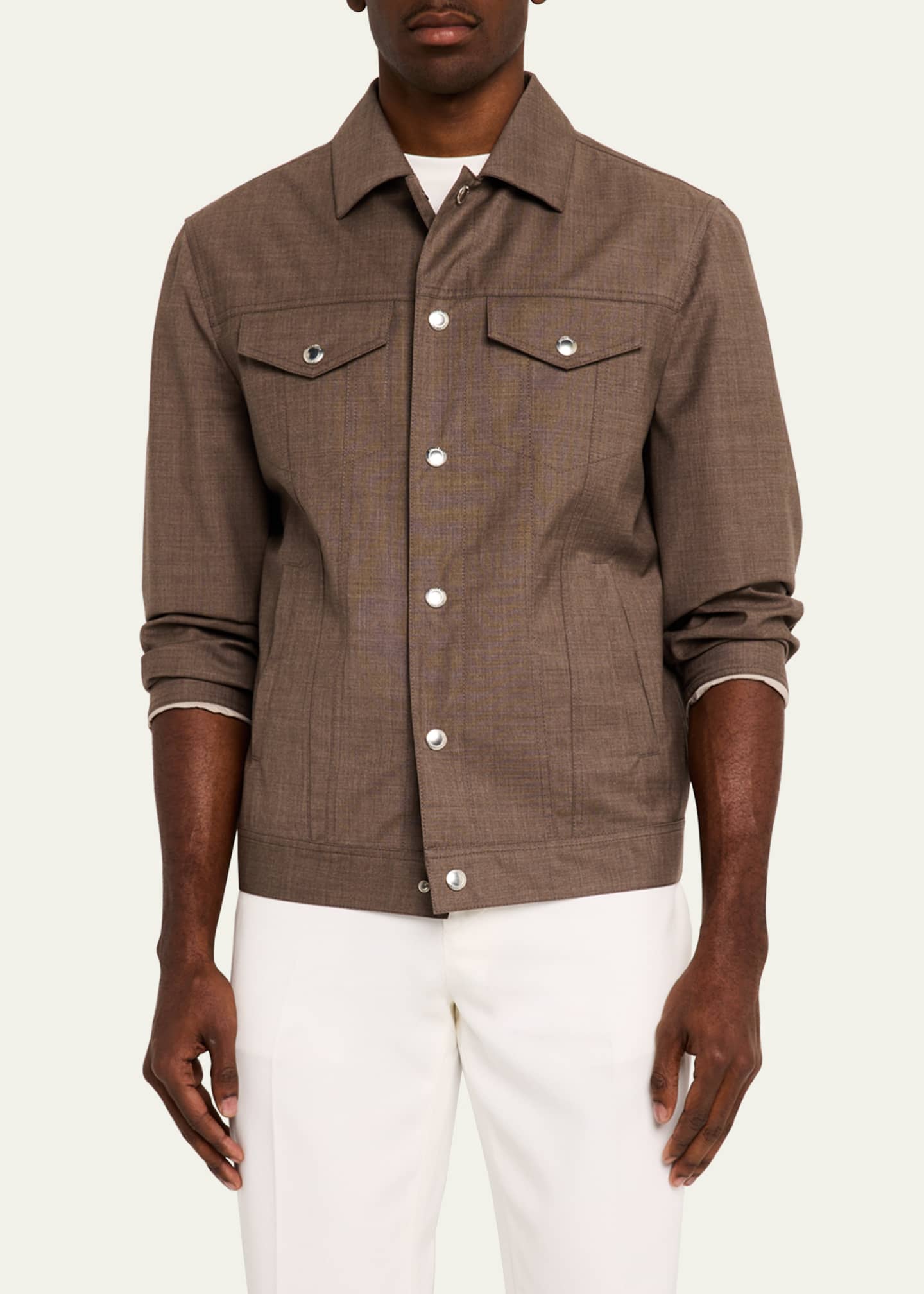 Brunello Cucinelli Men's Wool Snap-Front Trucker Jacket Image 4 of 5