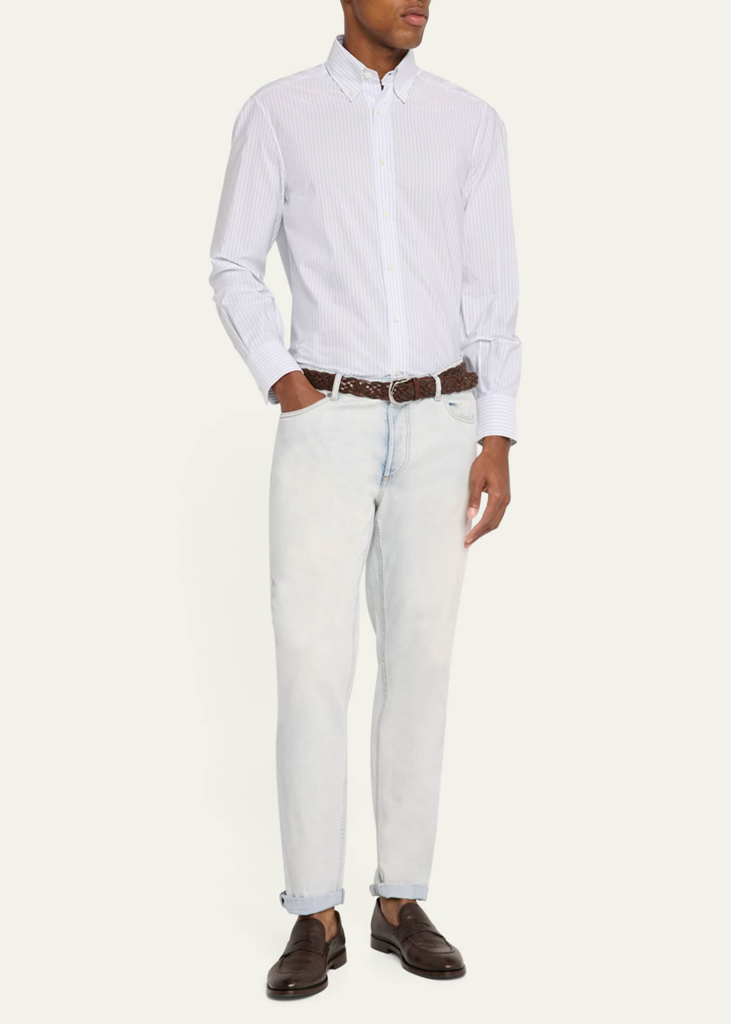 Brunello Cucinelli Men's Cotton Stripe Button-Collar Sport Shirt Image 2 of 5