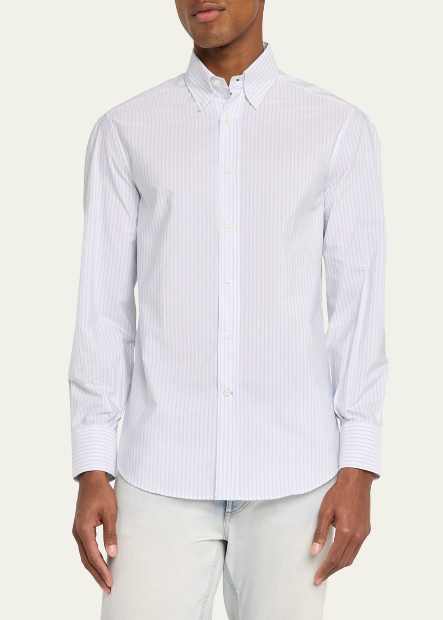 Brunello Cucinelli Men's Cotton Stripe Button-Collar Sport Shirt Image 4 of 5