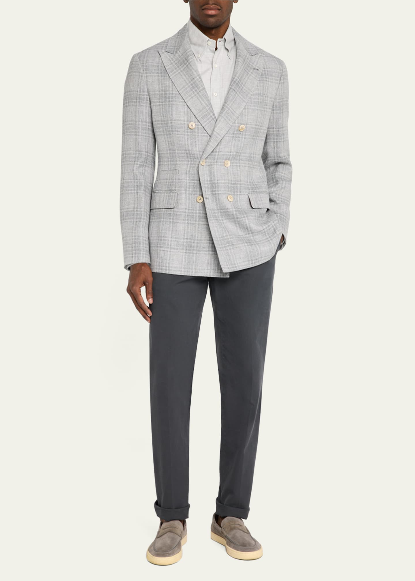 Brunello Cucinelli Men's Soft Madras Double-Breasted Jacket Image 2 of 6