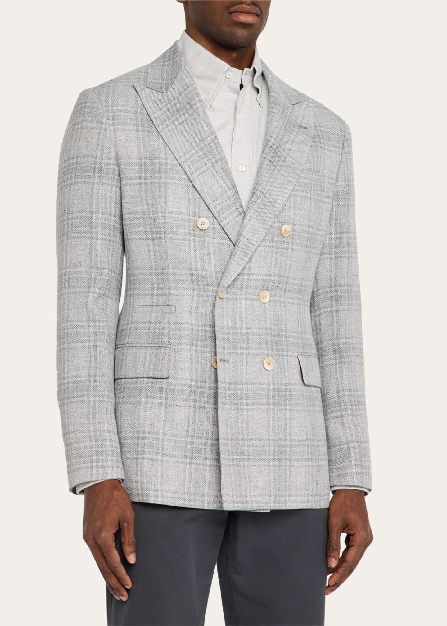 Brunello Cucinelli Men's Soft Madras Double-Breasted Jacket Image 4 of 6