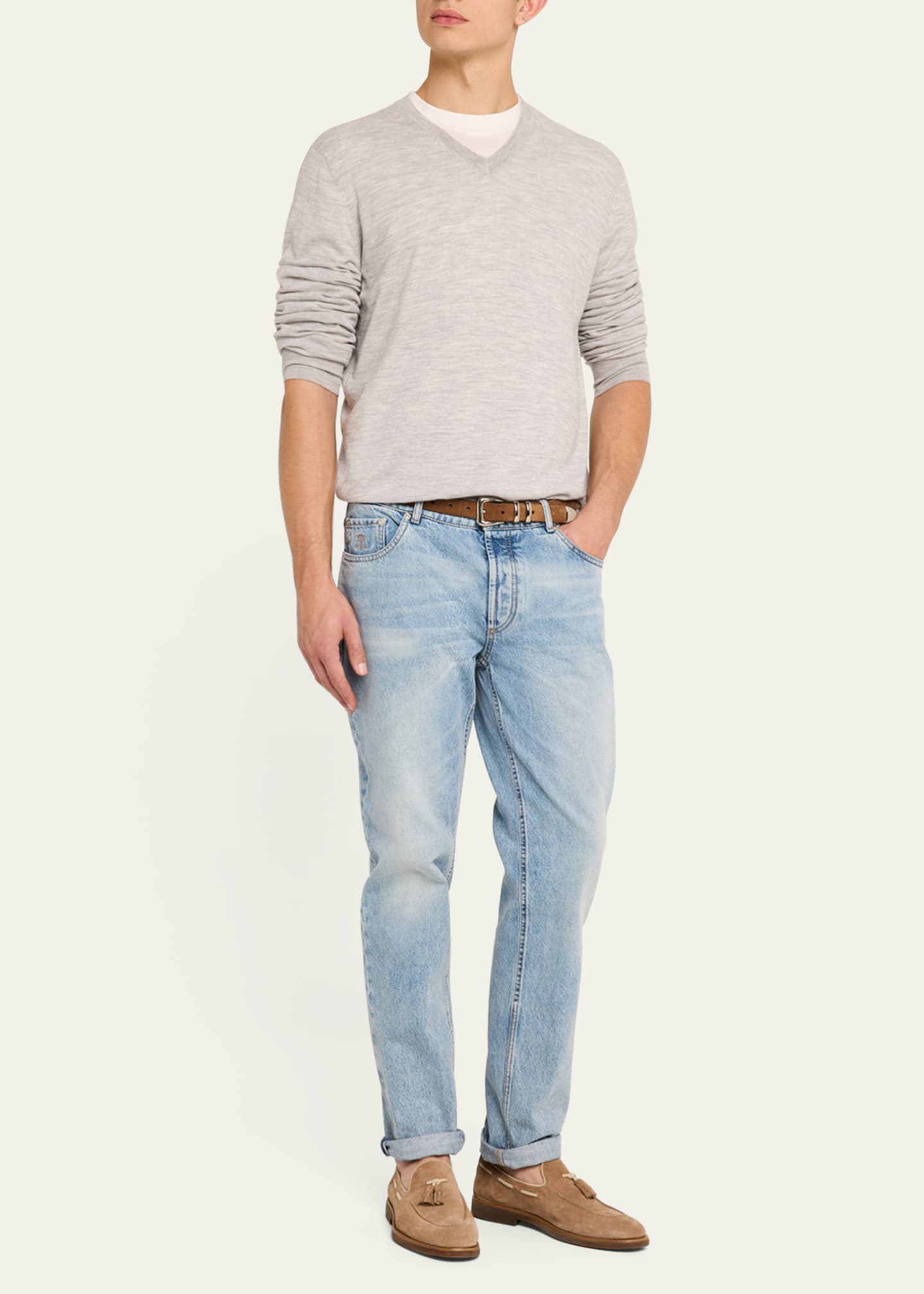 Brunello Cucinelli Men's Wool and Cashmere V-Neck Sweater Image 2 of 5