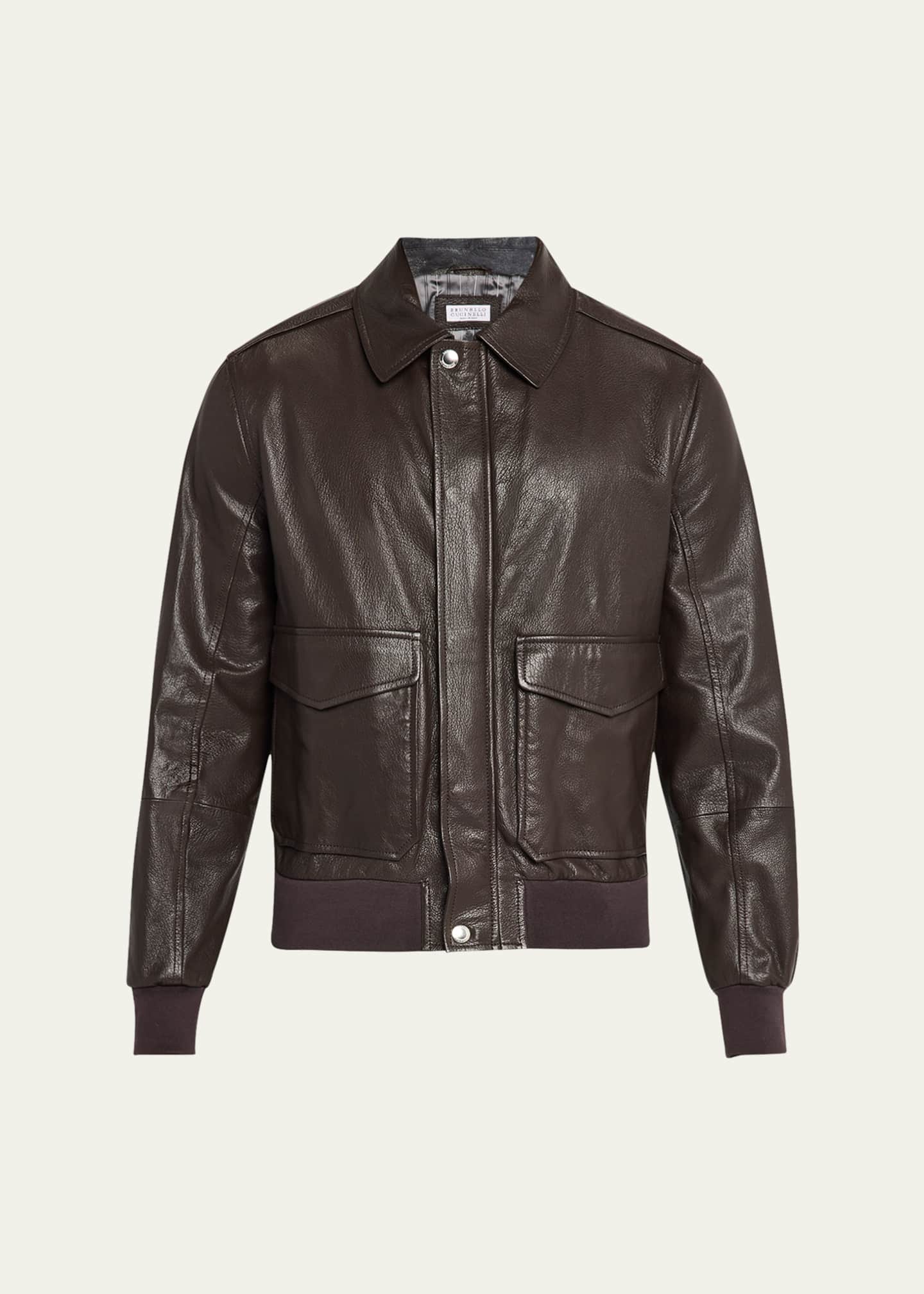 Brunello Cucinelli Men's Full-Zip Leather Jacket with Brunello Pockets Image 1 of 5