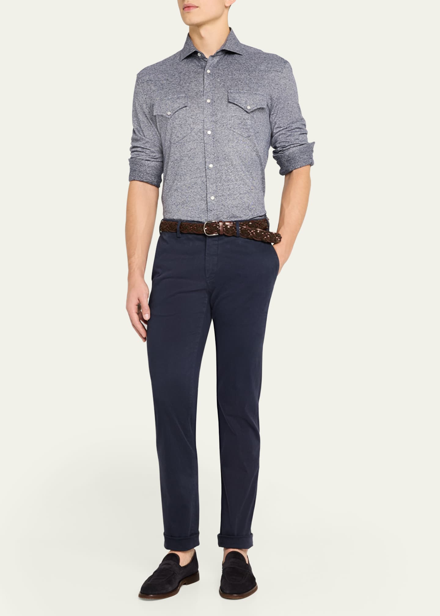 Brunello Cucinelli Men's Cotton and Linen Western Shirt Image 2 of 5