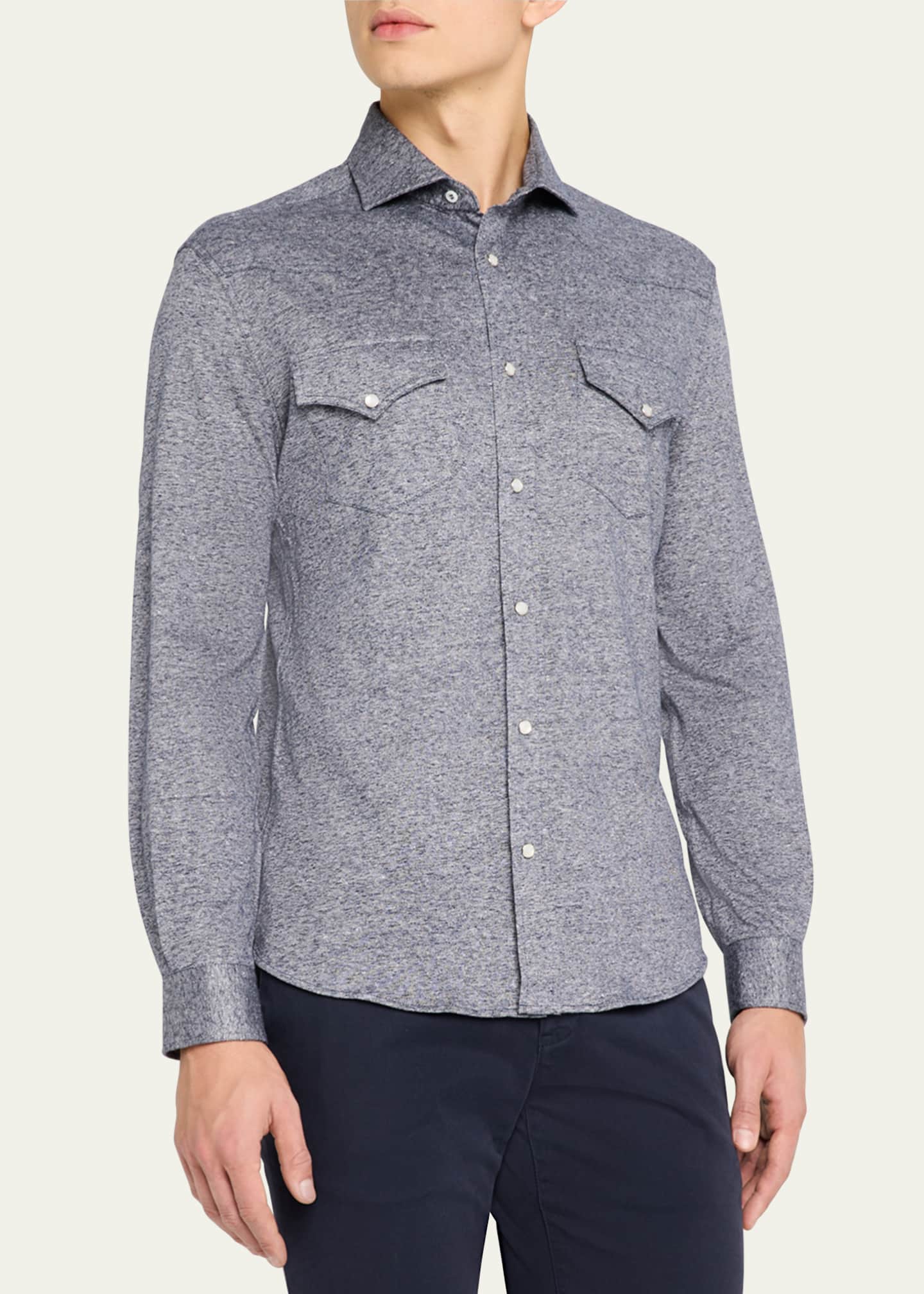 Brunello Cucinelli Men's Cotton and Linen Western Shirt Image 4 of 5