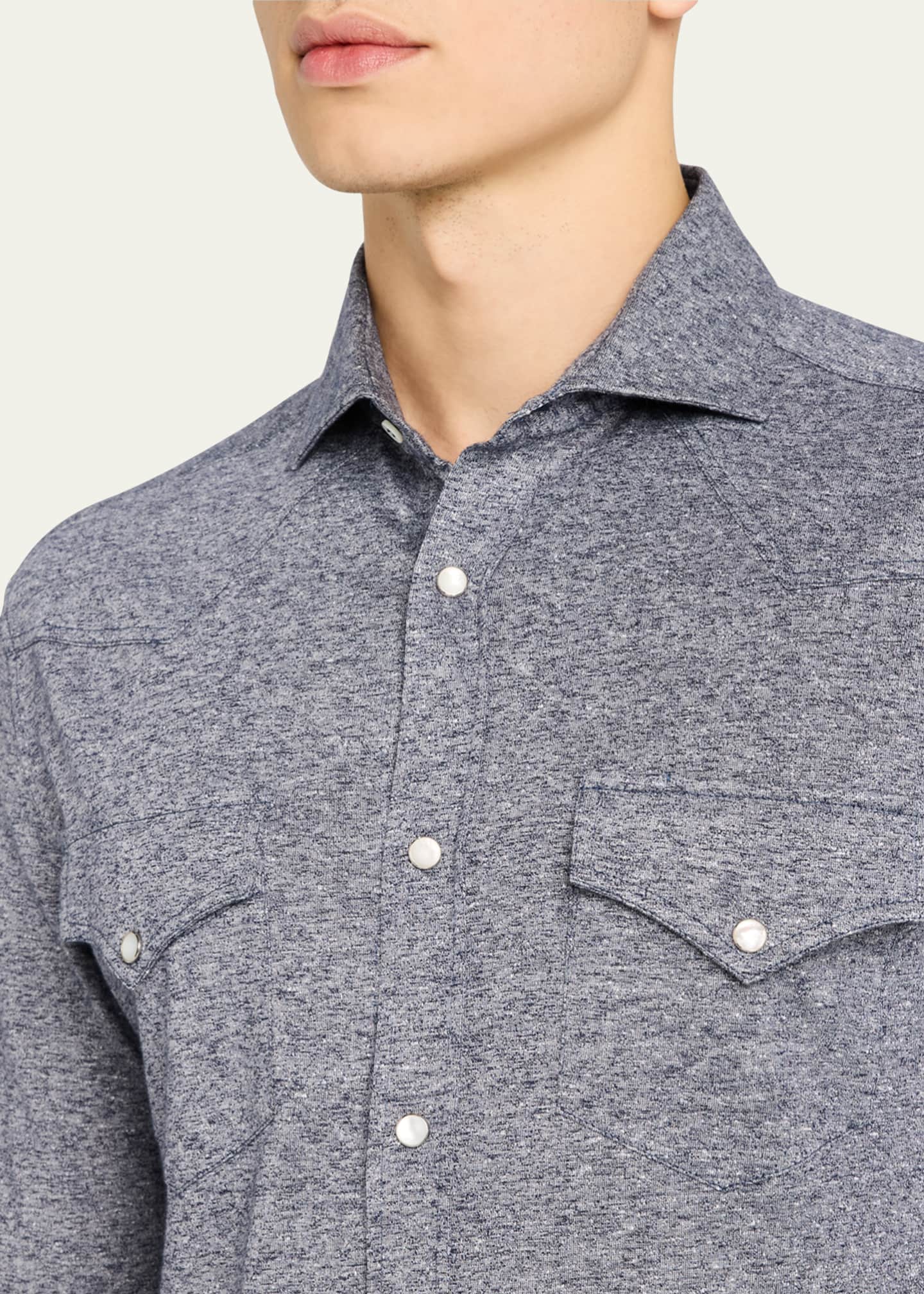 Brunello Cucinelli Men's Cotton and Linen Western Shirt Image 5 of 5