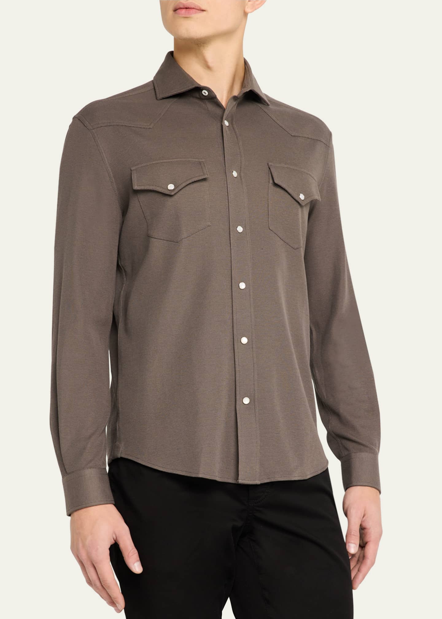 Brunello Cucinelli Men's Cotton and Silk Western Shirt Image 4 of 5