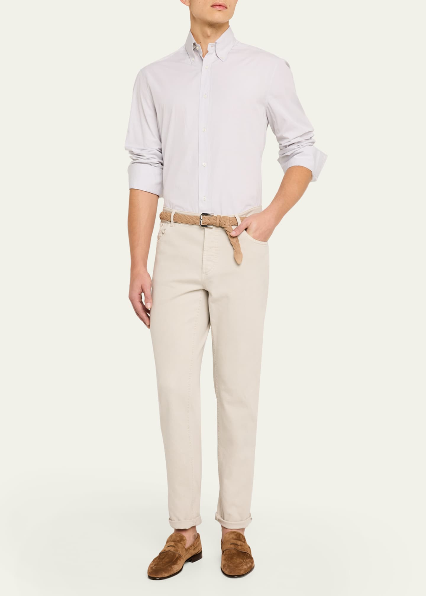 Brunello Cucinelli Men's Cotton Canvas Button-Collar Dress Shirt Image 2 of 5