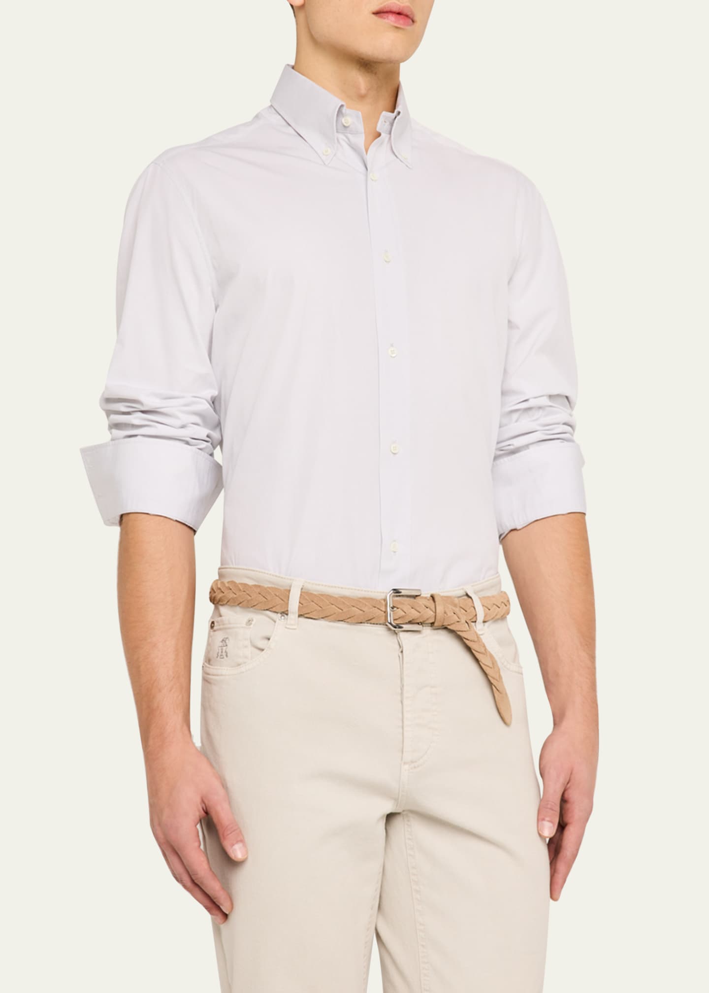 Brunello Cucinelli Men's Cotton Canvas Button-Collar Dress Shirt Image 4 of 5