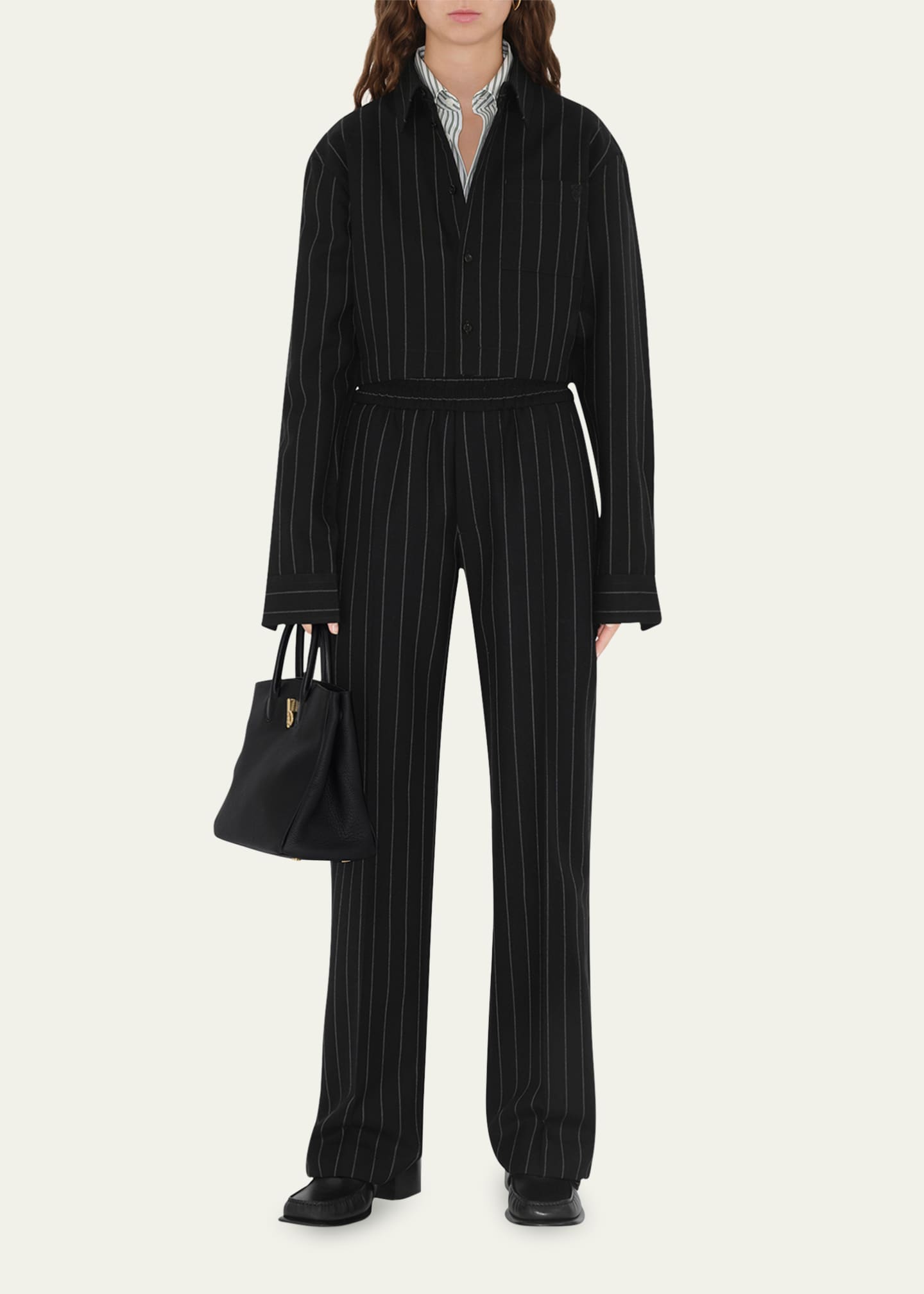 Pinstripe Elastic Waist Straight Wool Pants - Thumbnail 2