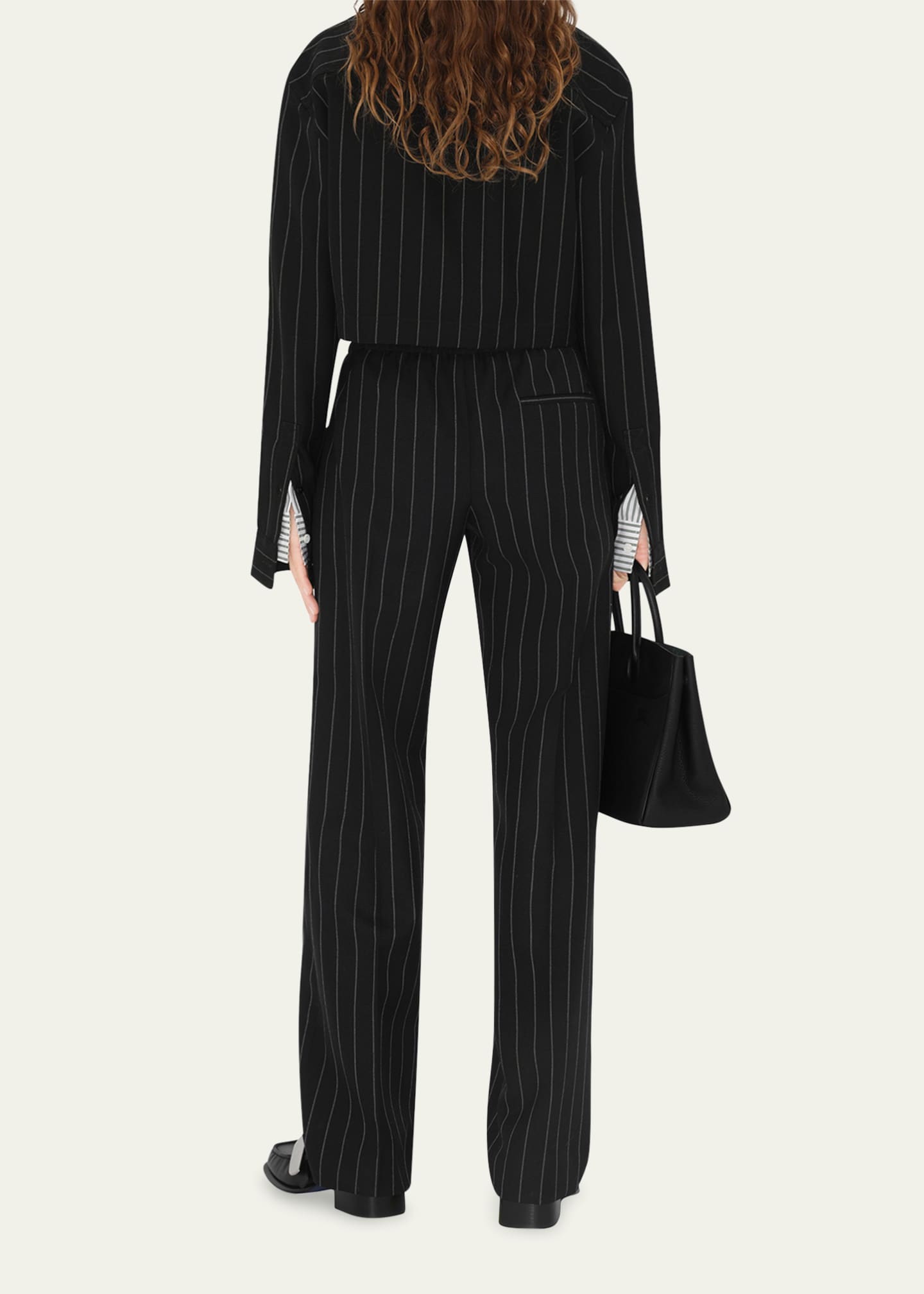 Pinstripe Elastic Waist Straight Wool Pants - Thumbnail 3
