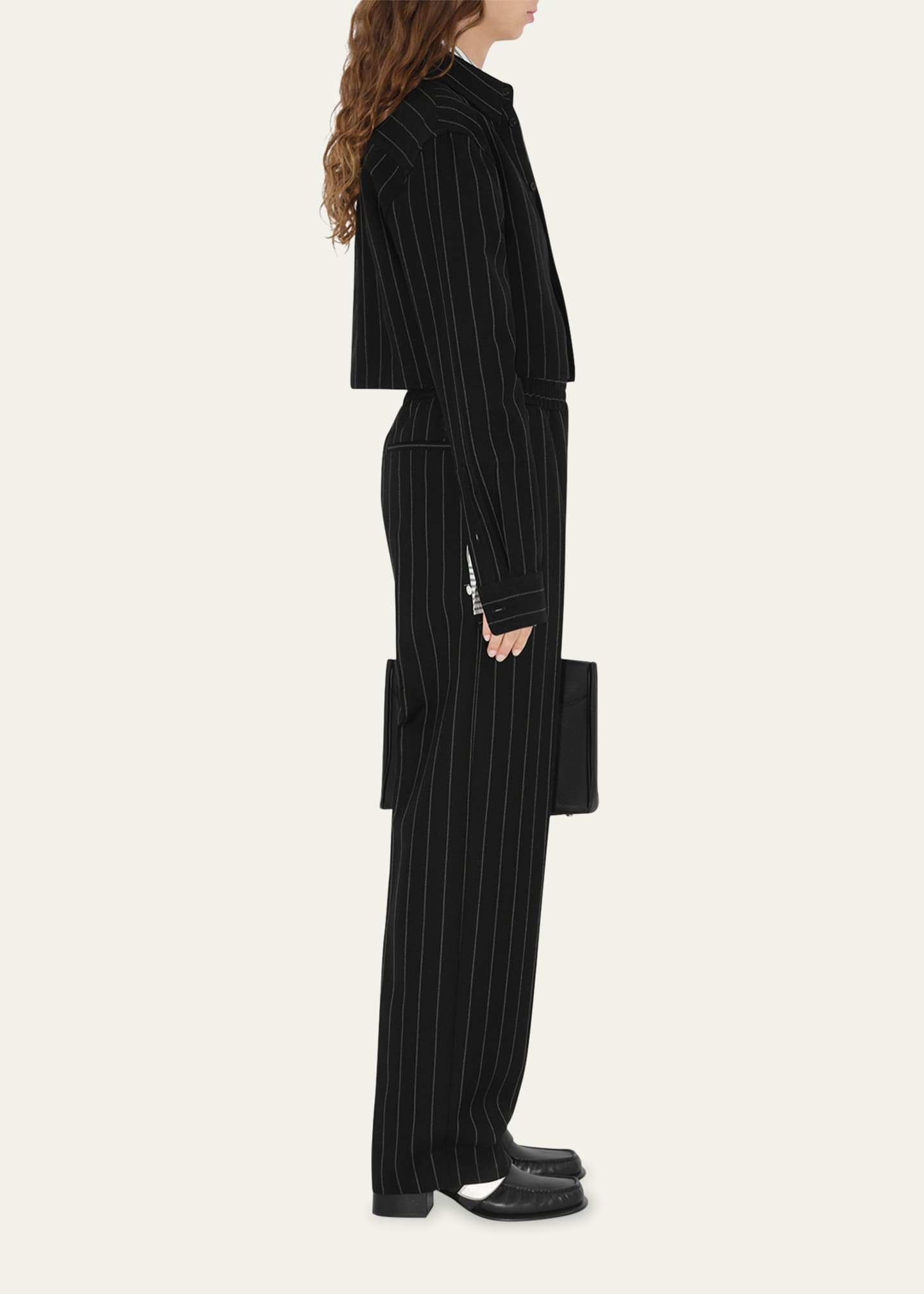 Pinstripe Elastic Waist Straight Wool Pants - Thumbnail 4