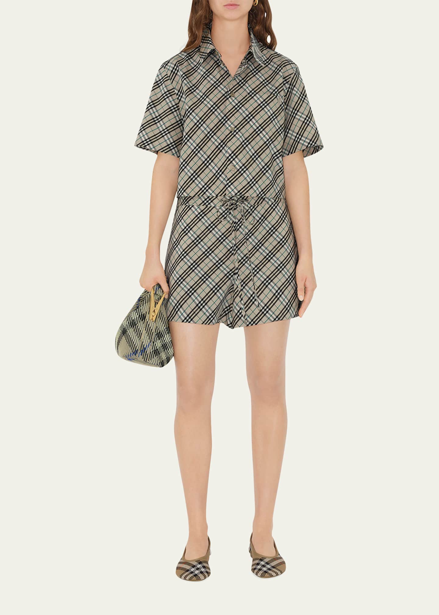 Burberry Check Short-Sleeve Crop Button-Down Shirt Image 2 of 5