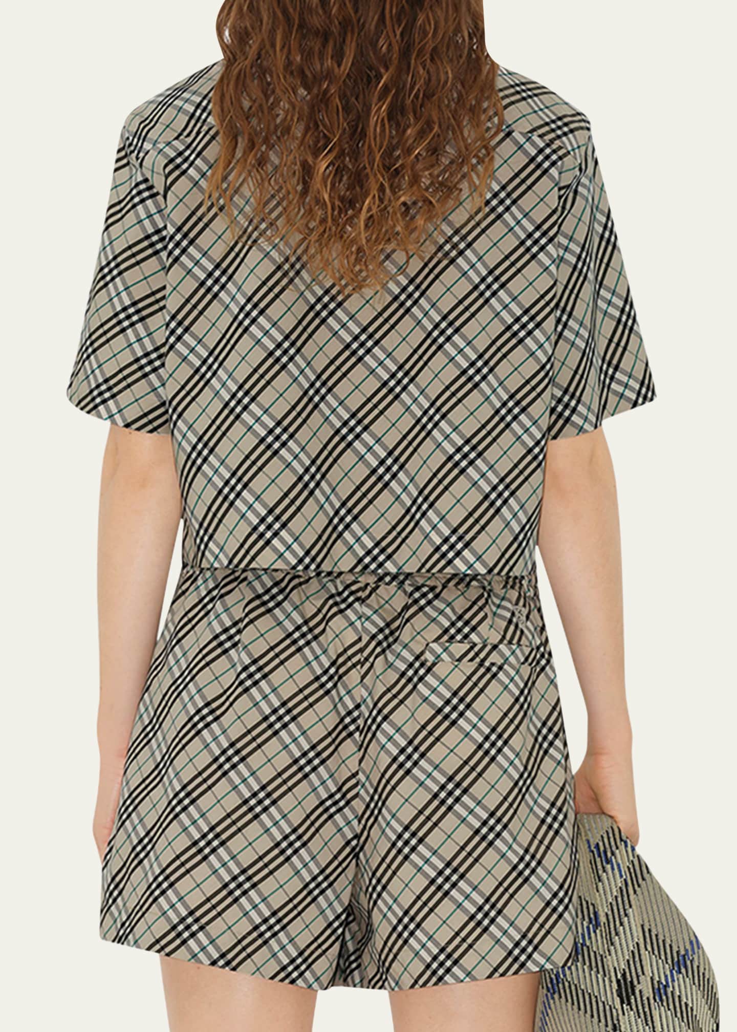 Burberry Check Short-Sleeve Crop Button-Down Shirt Image 3 of 5