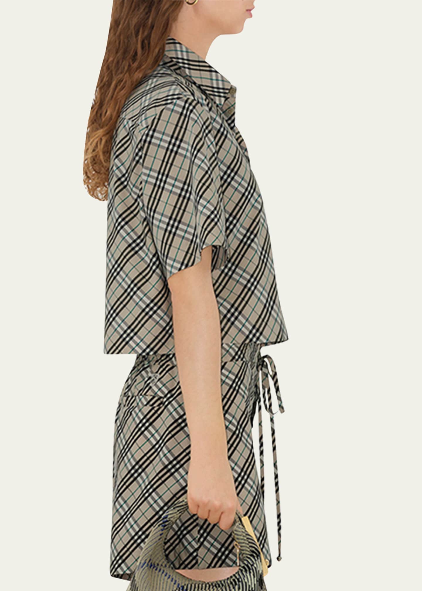 Burberry Check Short-Sleeve Crop Button-Down Shirt Image 4 of 5
