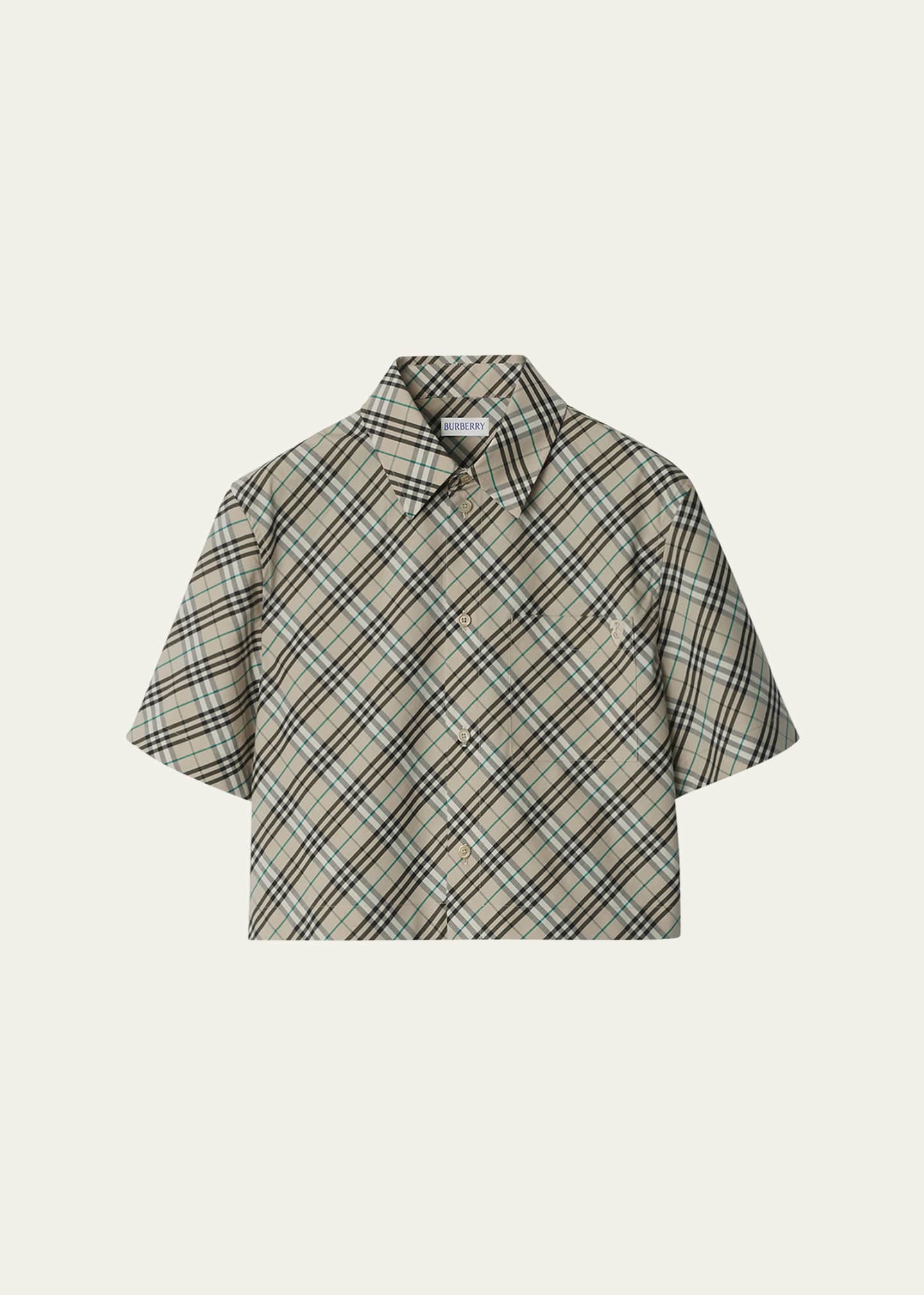 Burberry Check Short-Sleeve Crop Button-Down Shirt Image 1 of 5