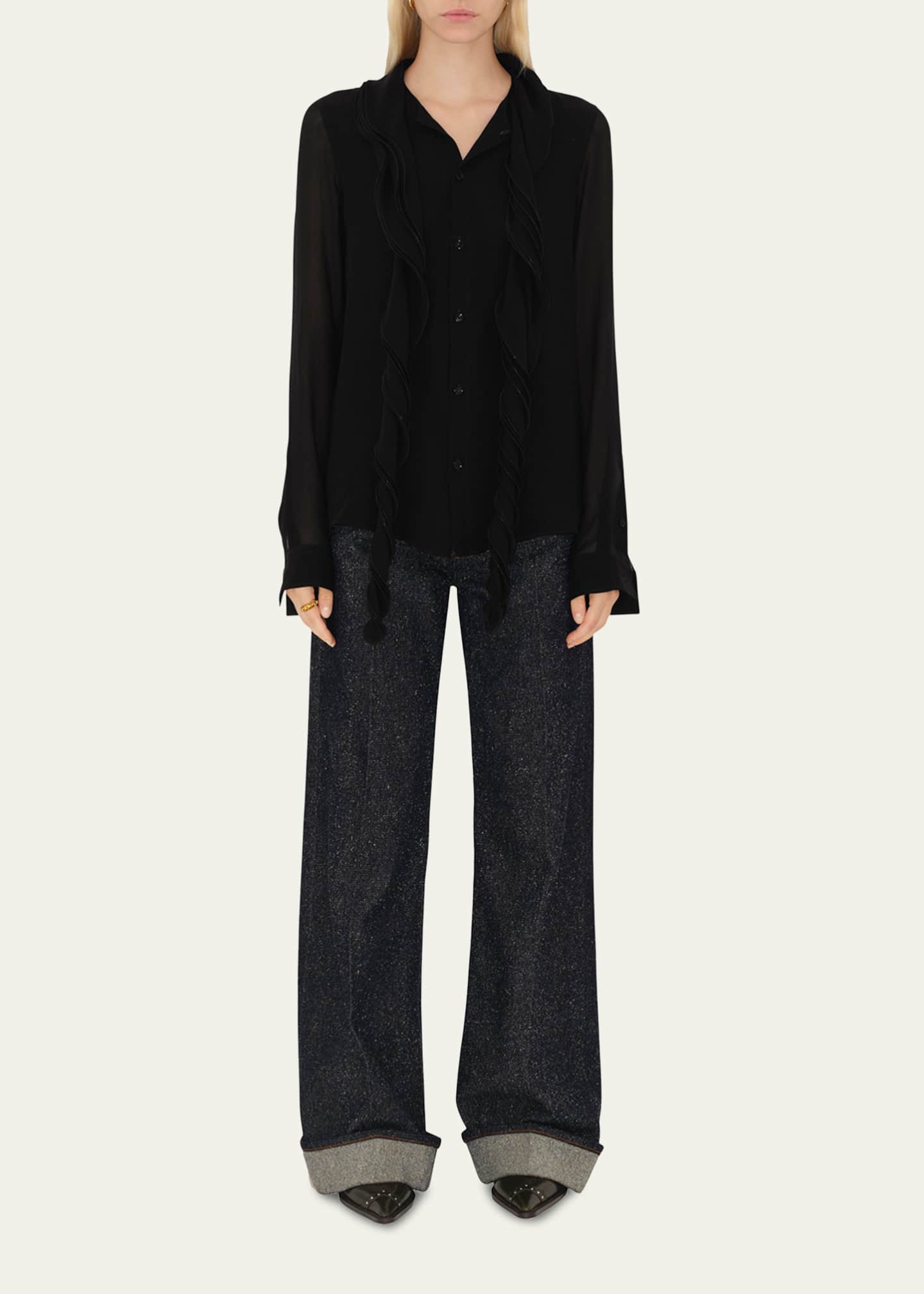 Ruffled Long Sleeve Silk Blouse - Thumbnail 2